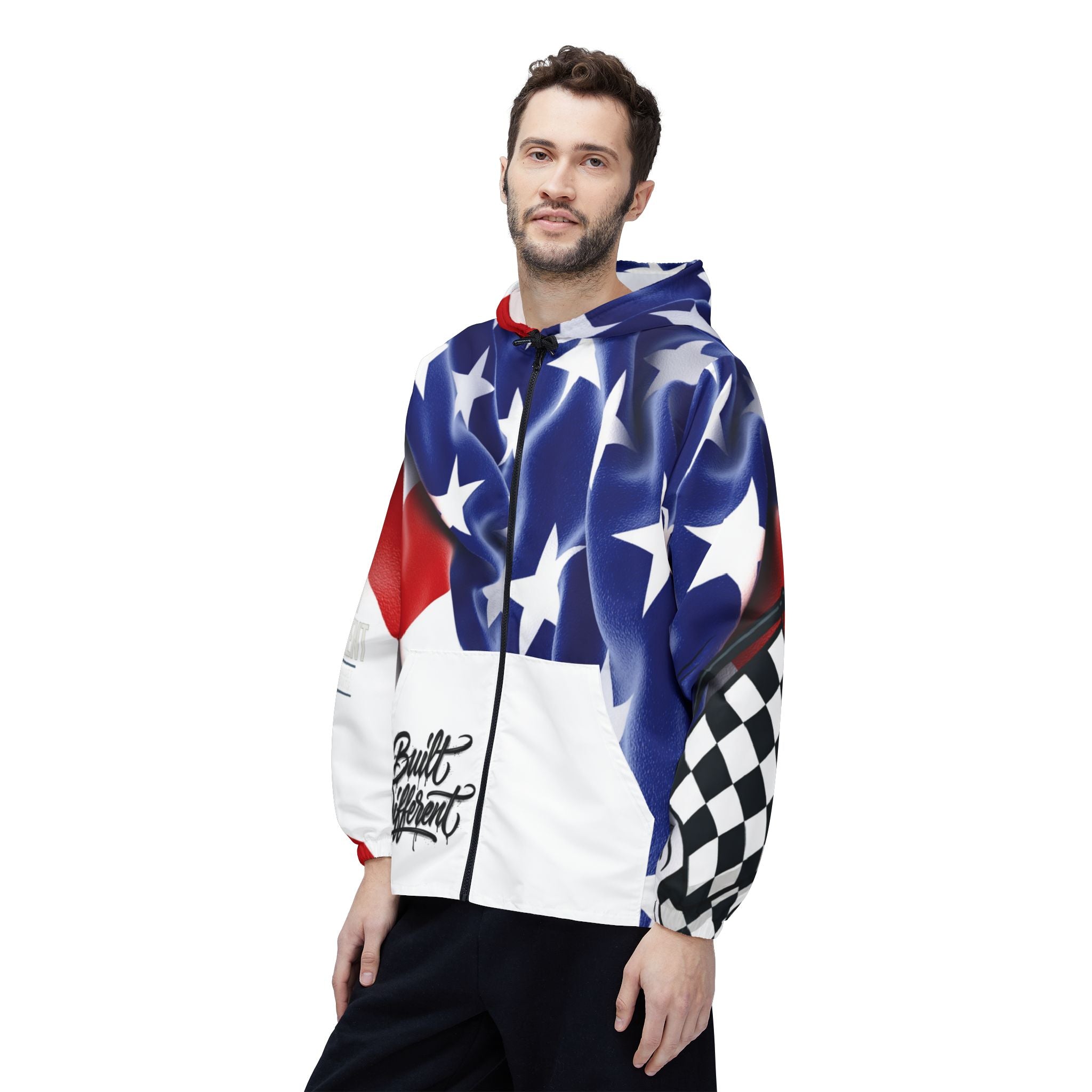 American Flag Checkered Windbreaker Jacket — Built Different Racing Hooded Shell