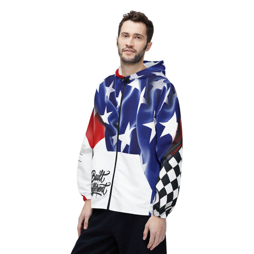 American Flag Checkered Windbreaker Jacket — Built Different Racing Hooded Shell