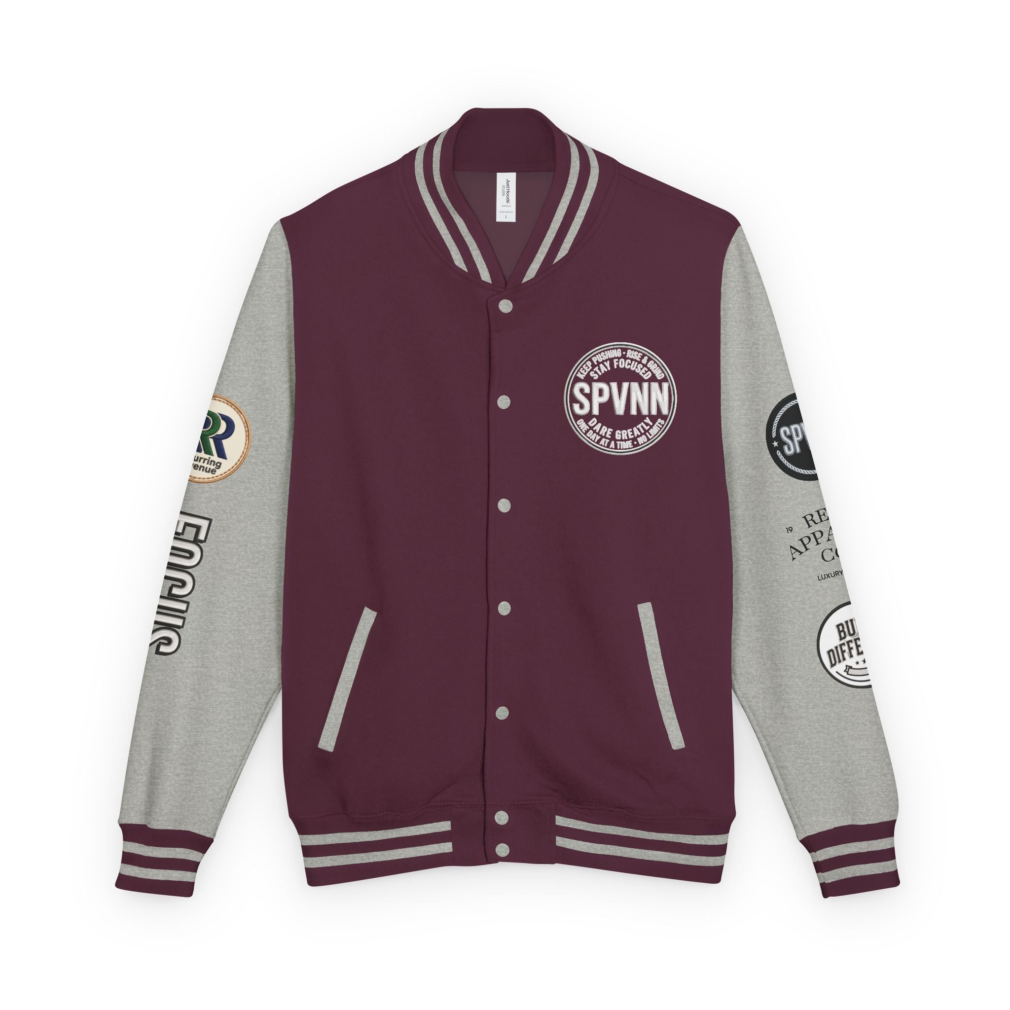 SPVNN Red & White Varsity Letterman Jacket – Embroidered Patch Logo