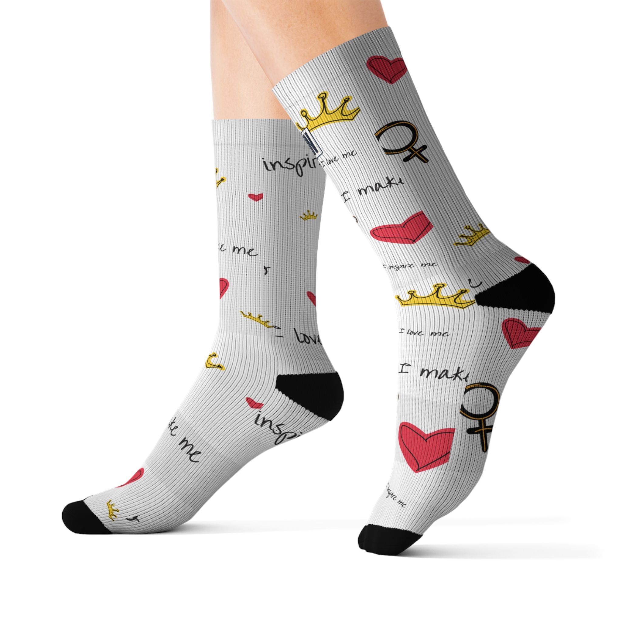 SPVNN Women's Crown & Heart Sublimation Socks — 'You Inspire Me' Pattern