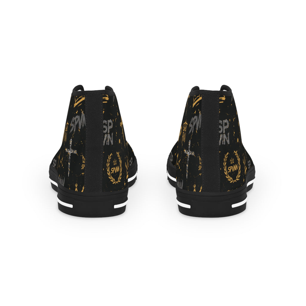 High Top Sneakers — Black & Gold Crown Pattern