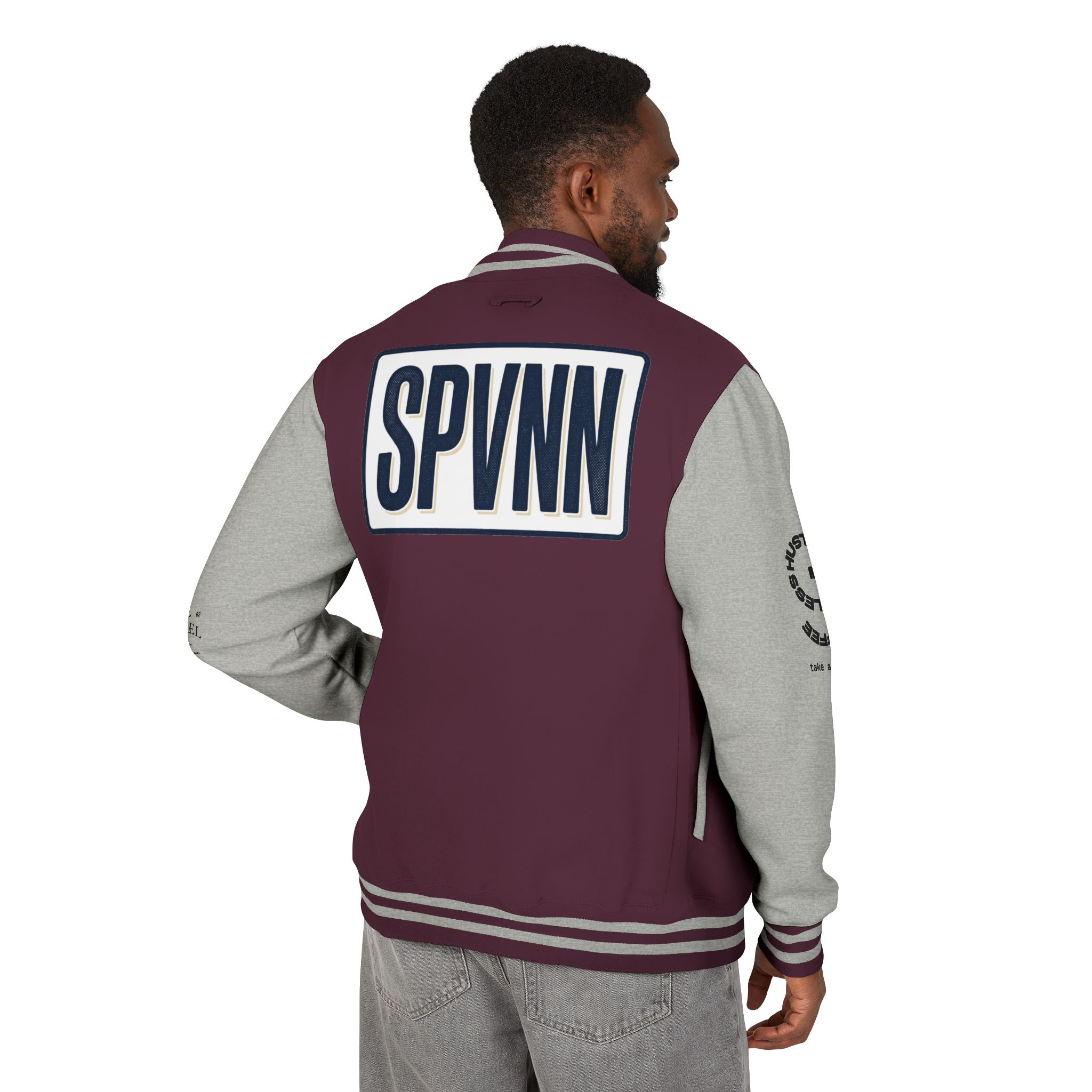 SPVNN Red & White Varsity Letterman Jacket – Embroidered Patch Logo