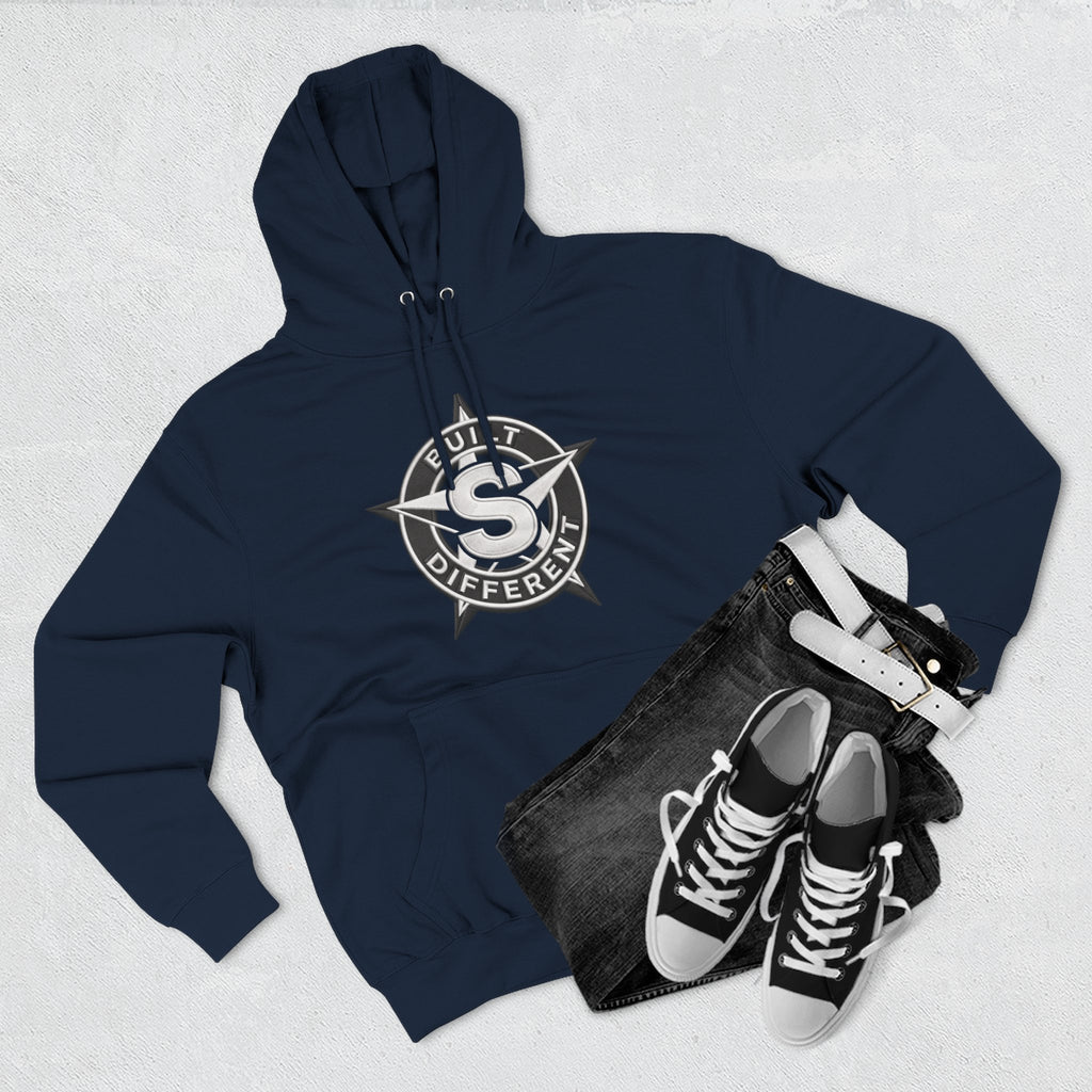 Built Different Logo Hoodie — Vintage Compass Emblem Fleece Hoodie