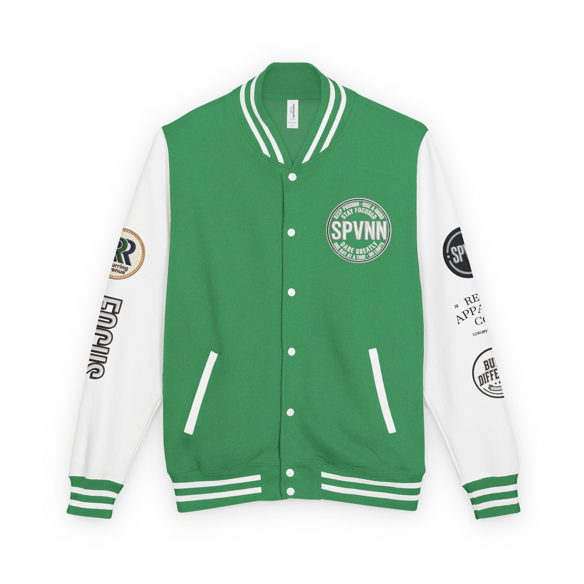 SPVNN Red & White Varsity Letterman Jacket – Embroidered Patch Logo