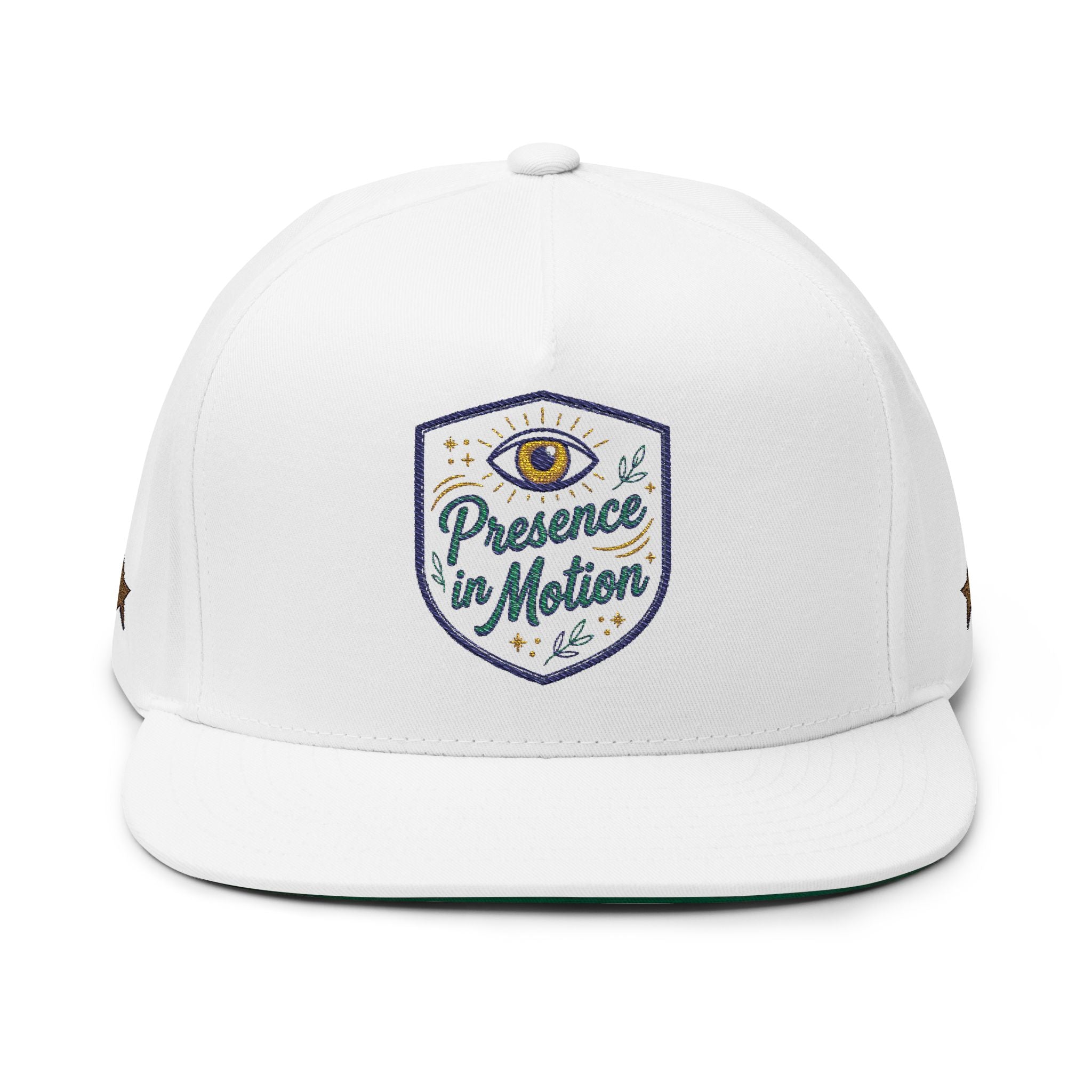 Embroidered Flat Bill Cap - "Presence in Motion" Eye Patch Design