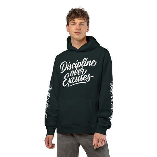 Discipline Over Excuses Hoodie — Motivational Gym Hoodie with Sleeve Script