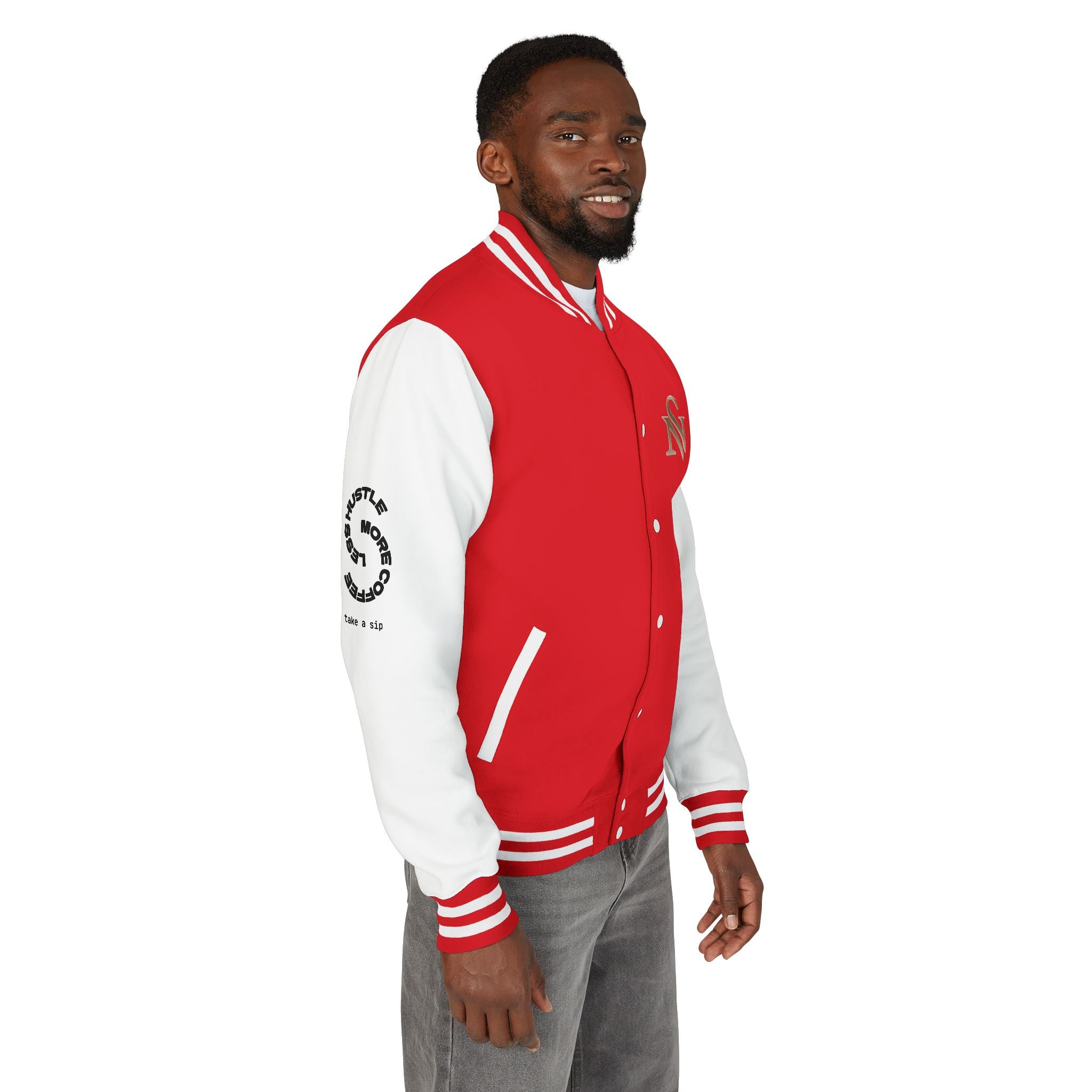 SPVNN Red & White Varsity Letterman Jacket – Embroidered Patch Logo