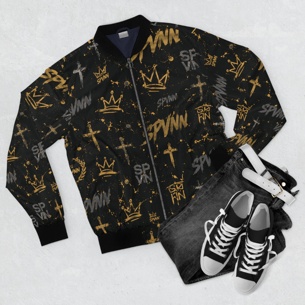 Graffiti Crown Bomber Jacket – Black & Gold Urban Streetwear