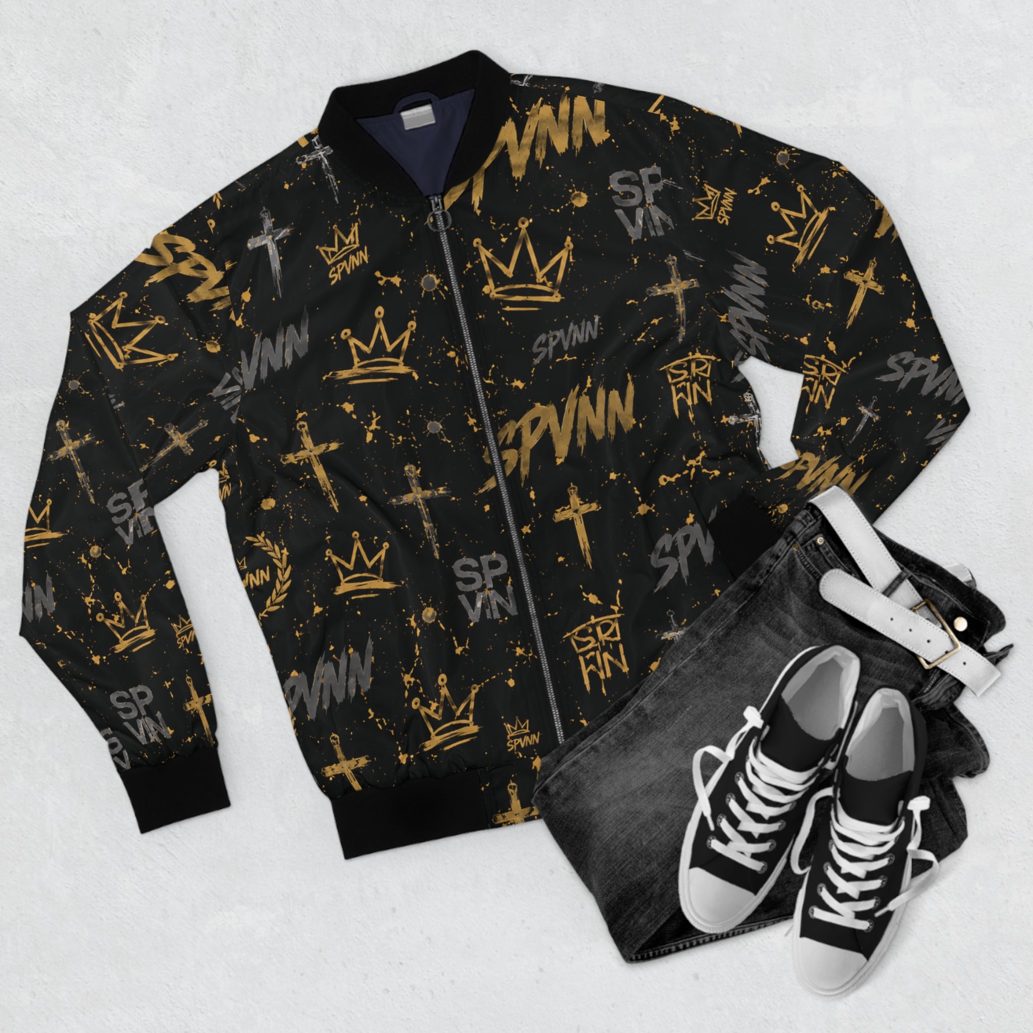 Graffiti Crown Bomber Jacket – Black & Gold Urban Streetwear