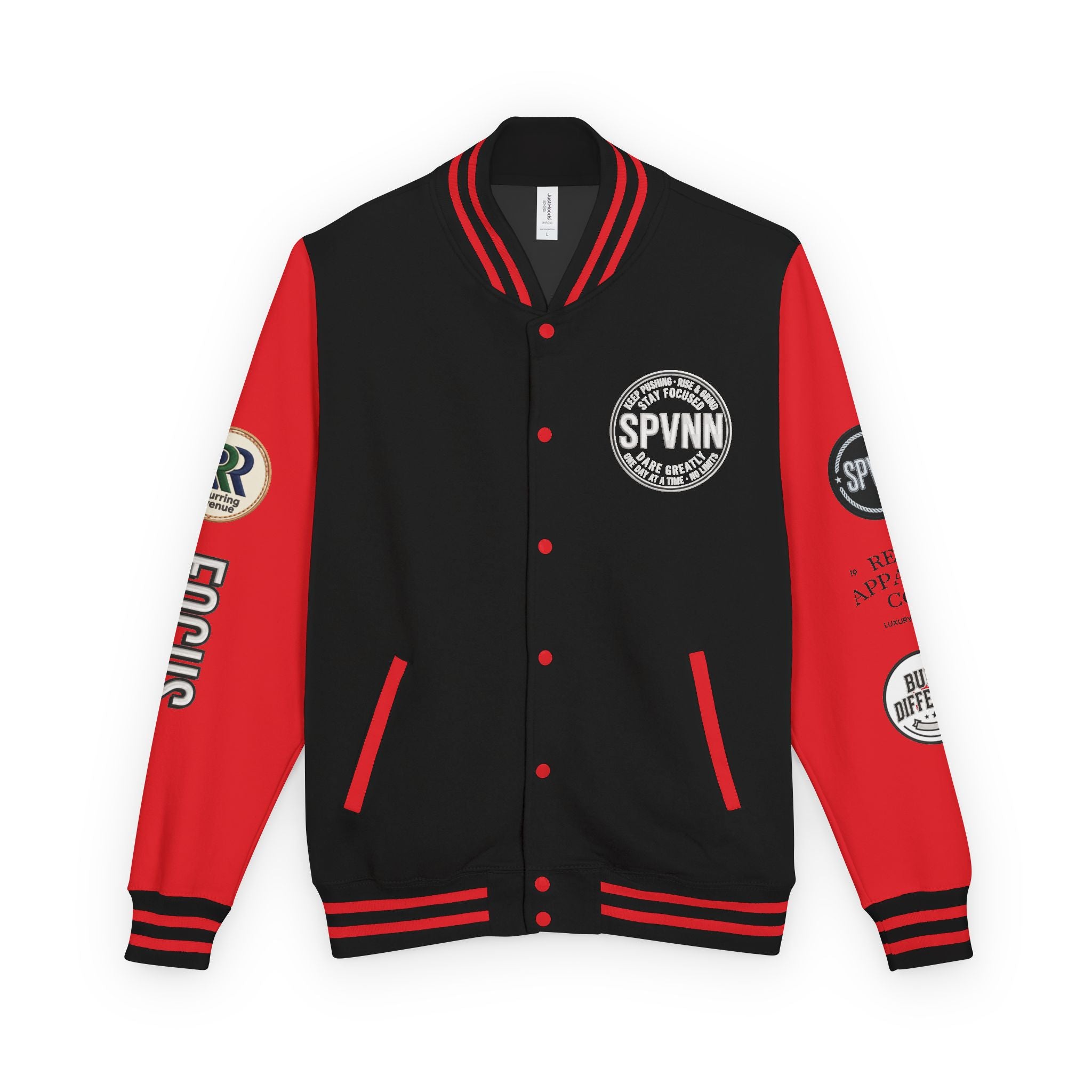 SPVNN Red & White Varsity Letterman Jacket – Embroidered Patch Logo