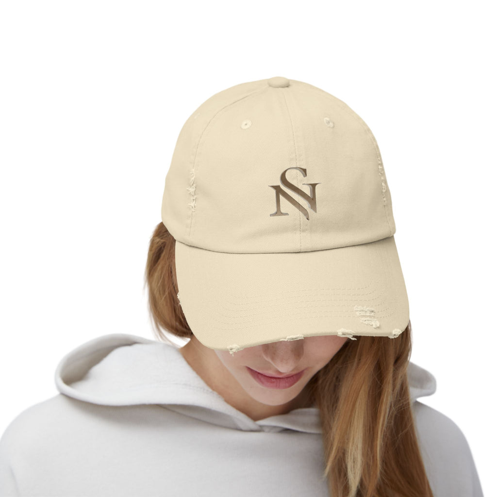 Distressed Black Baseball Cap with Gold 'SN' Monogram — Vintage Casual Hat