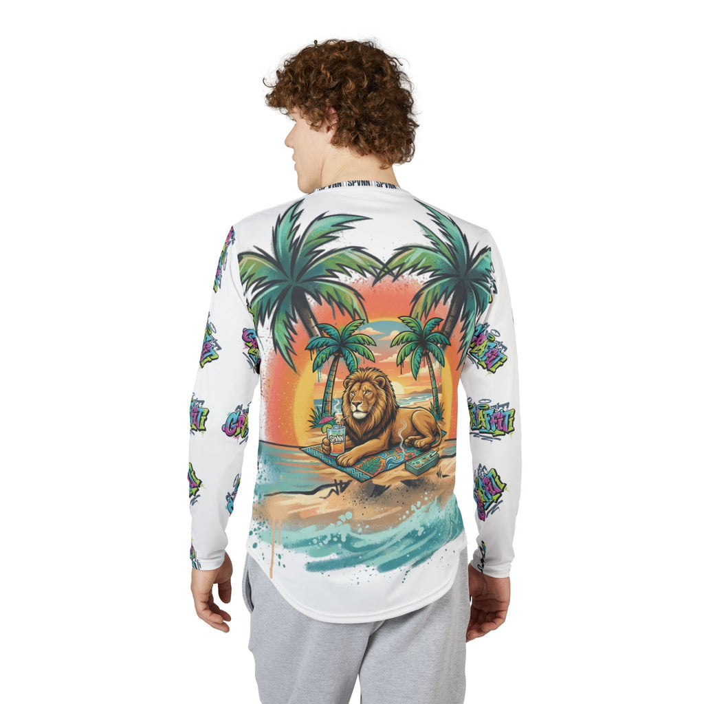 Men's Tropical Lion Long Sleeve UV Shirt — Beach Palm Sunset Print