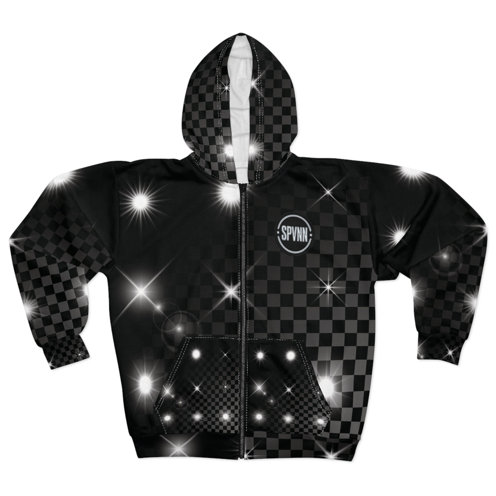 Black Checkerboard Sparkle Zip Hoodie — Shiny Starry AOP Jacket