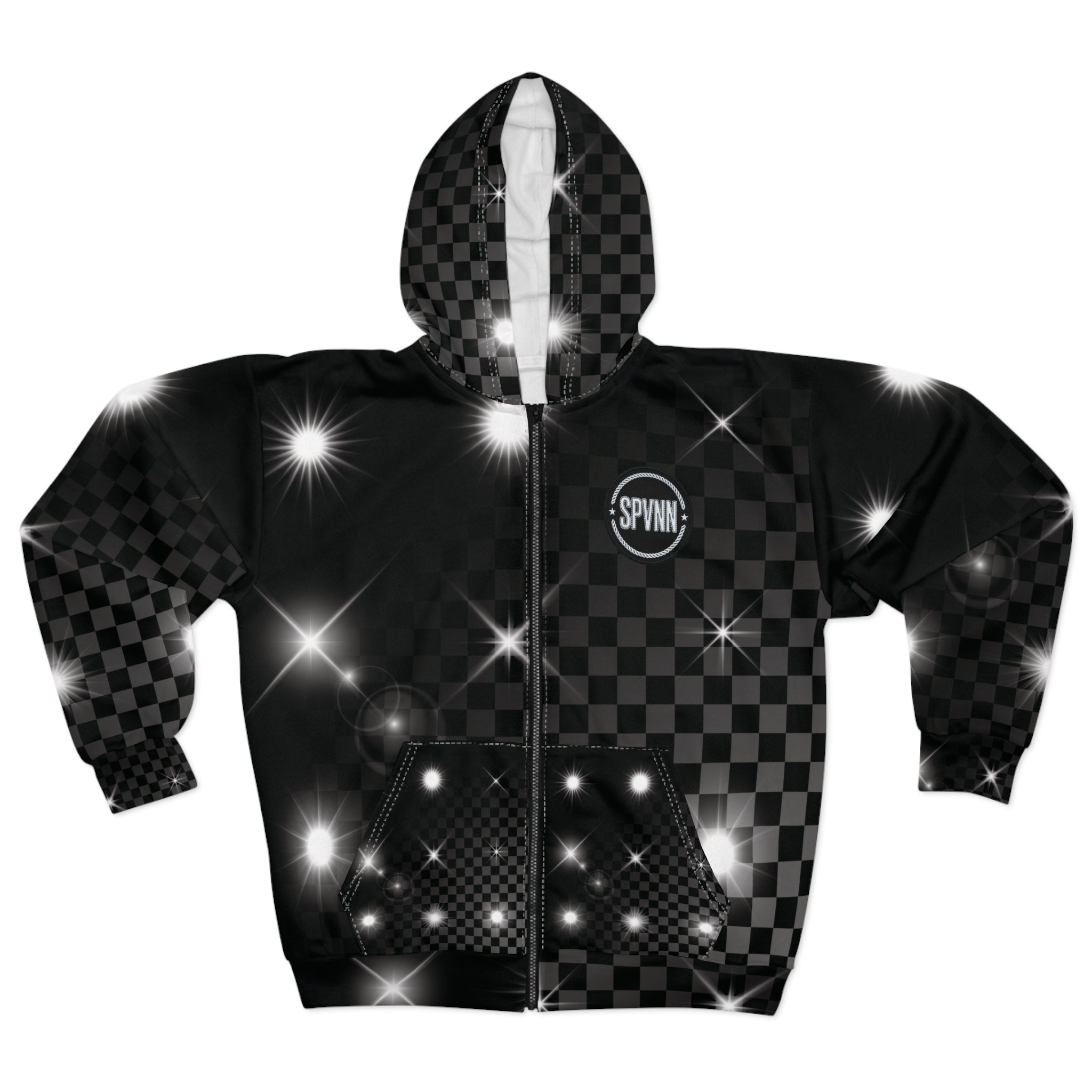 Black Checkerboard Sparkle Zip Hoodie — Shiny Starry AOP Jacket