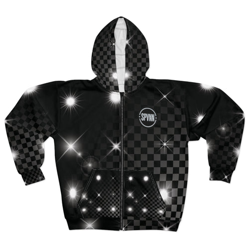 Black Checkerboard Sparkle Zip Hoodie — Shiny Starry AOP Jacket