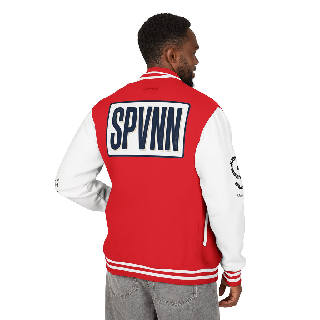 SPVNN Red & White Varsity Letterman Jacket – Embroidered Patch Logo