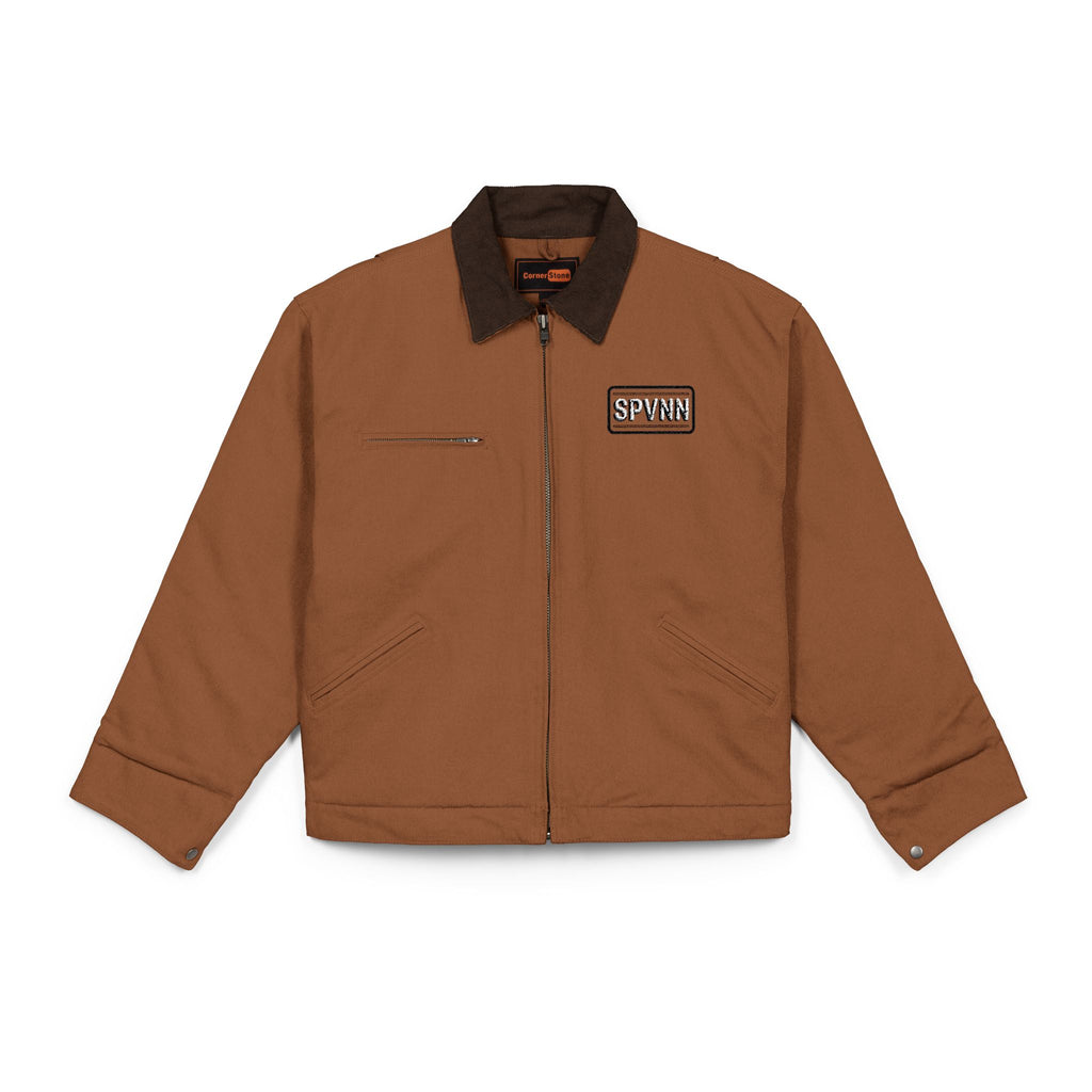 Work Jacket — Brown Duck Cloth with 'SPWN' Graphic Chest Patch