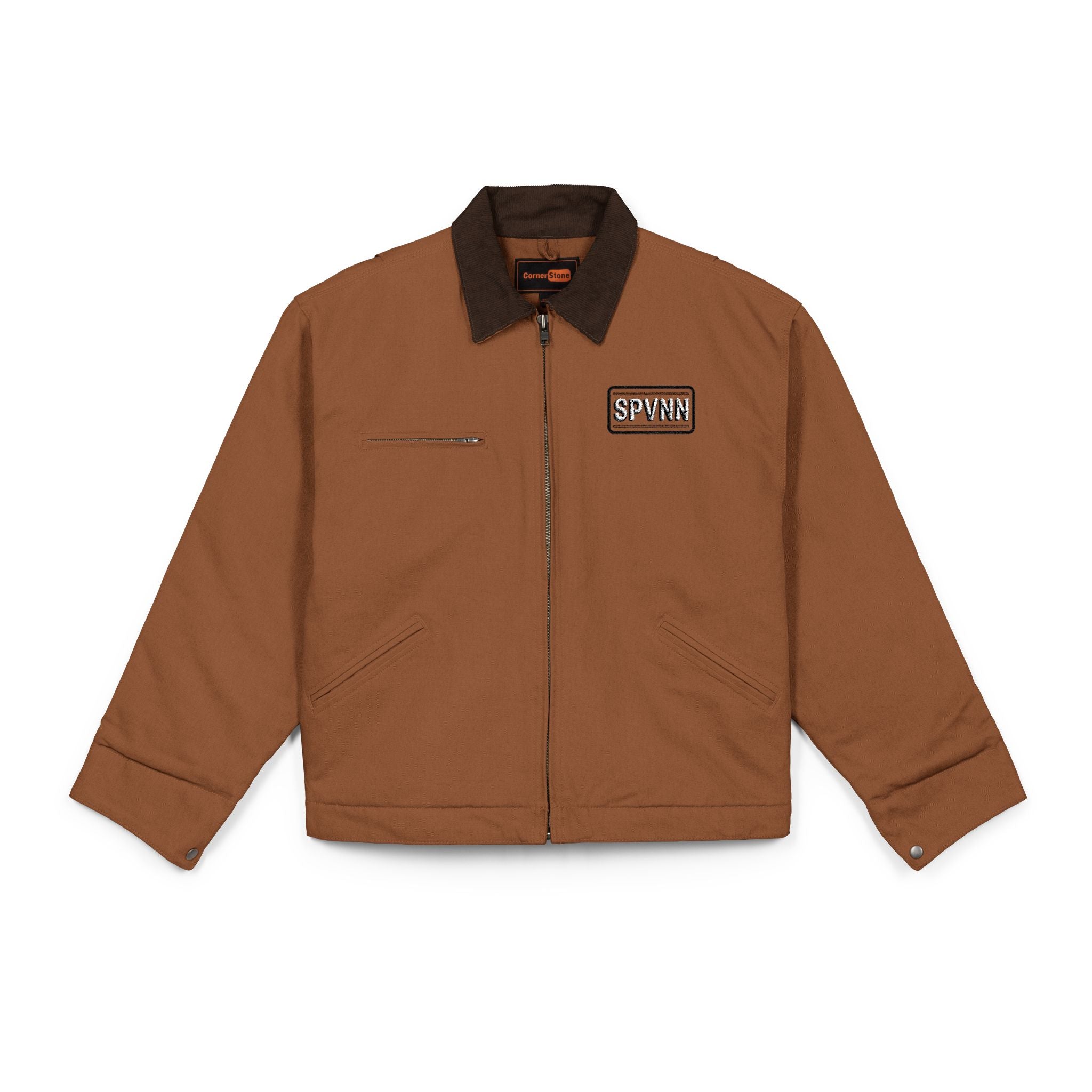 Work Jacket — Brown Duck Cloth with 'SPWN' Graphic Chest Patch