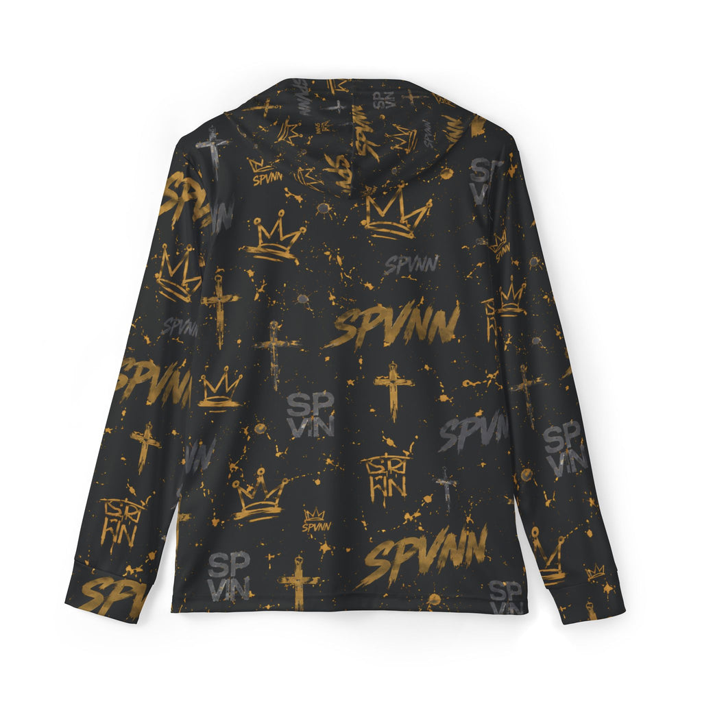 Men's All-Over Print Streetwear Hoodie — Gold Crown & Cross Graffiti Design (SPVNN)