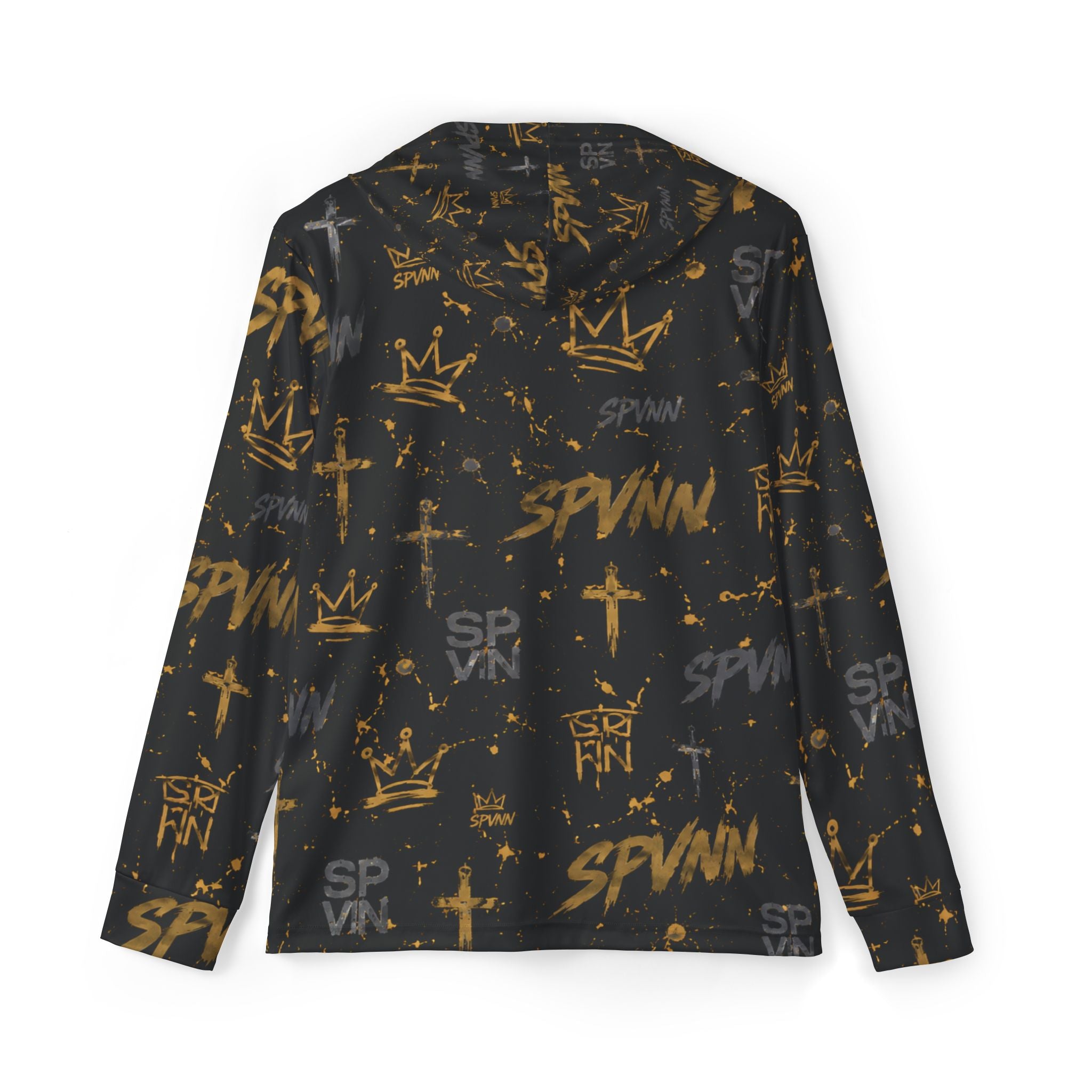 Men's All-Over Print Streetwear Hoodie — Gold Crown & Cross Graffiti Design (SPVNN)