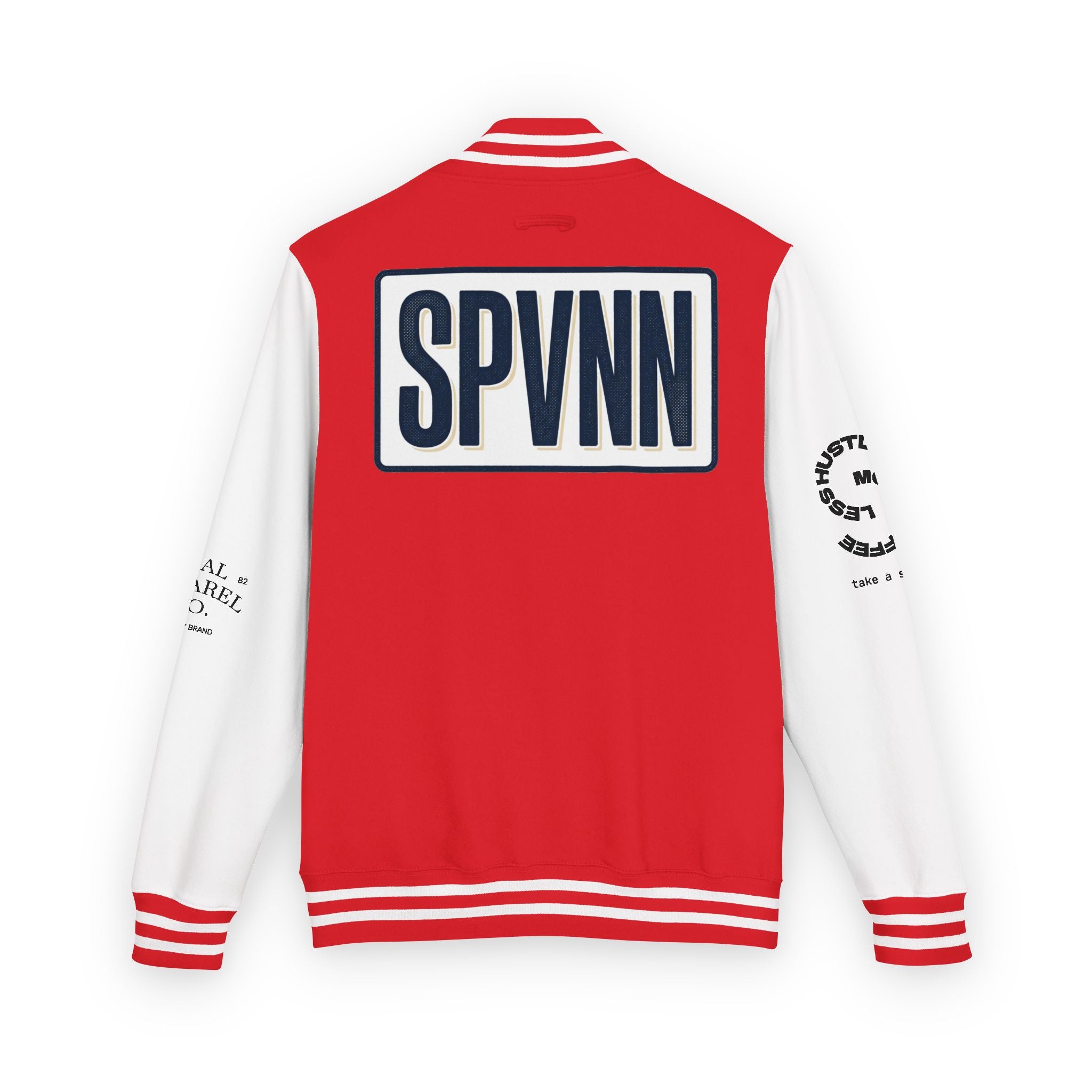 SPVNN Red & White Varsity Letterman Jacket – Embroidered Patch Logo