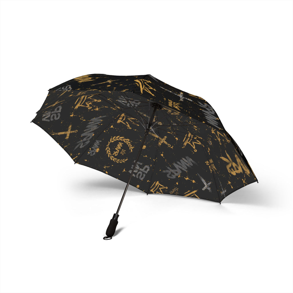 Compact Foldable Umbrella — Black & Gold Graffiti Print, Semi-Automatic Rain Shield
