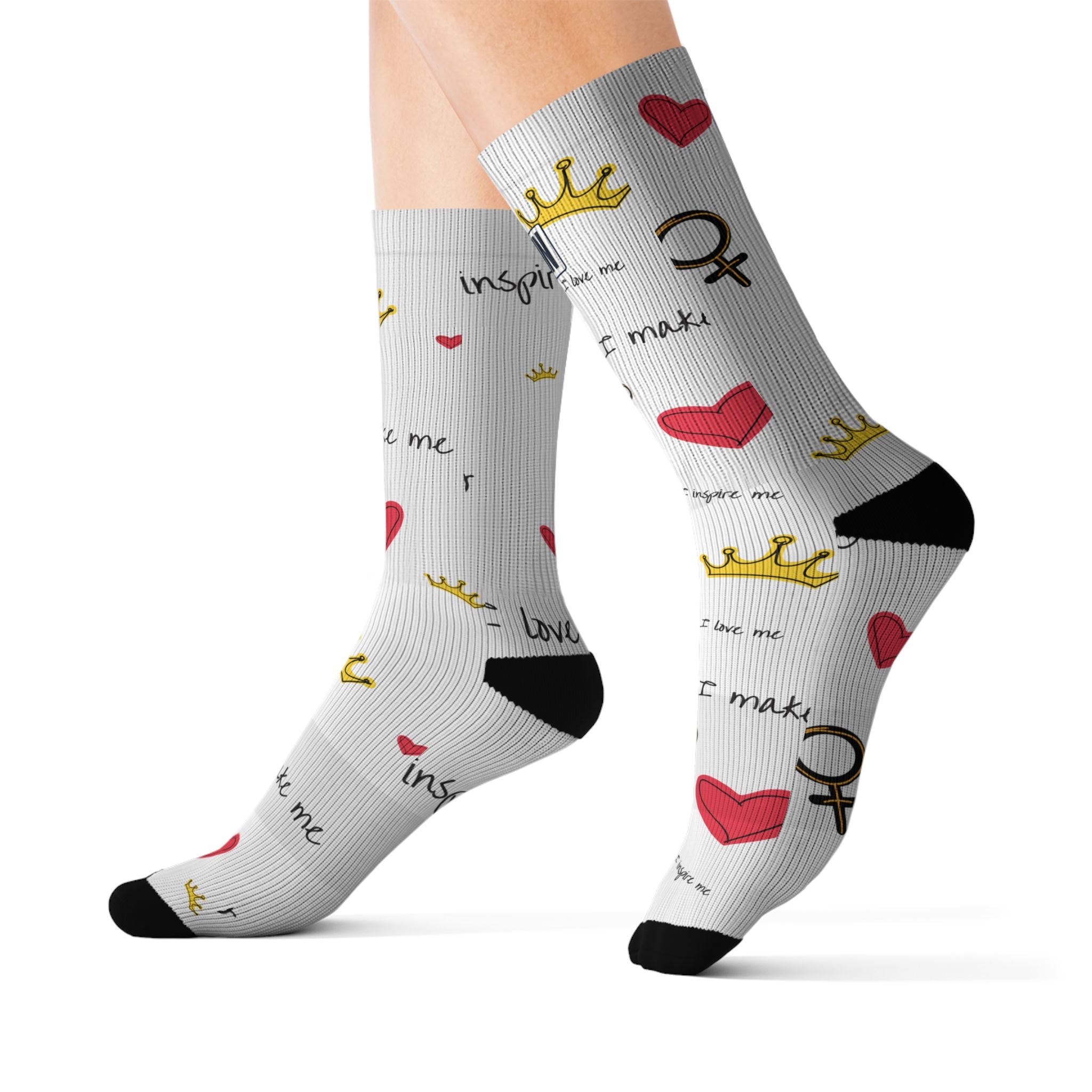 SPVNN Women's Crown & Heart Sublimation Socks — 'You Inspire Me' Pattern