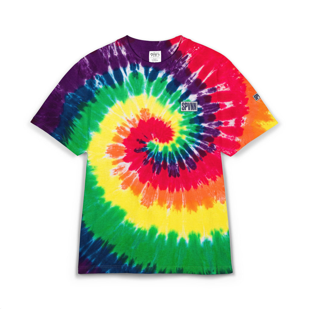Tie-Dye Spiral Oversized T-Shirt — Rainbow Embroidered Chest Logo