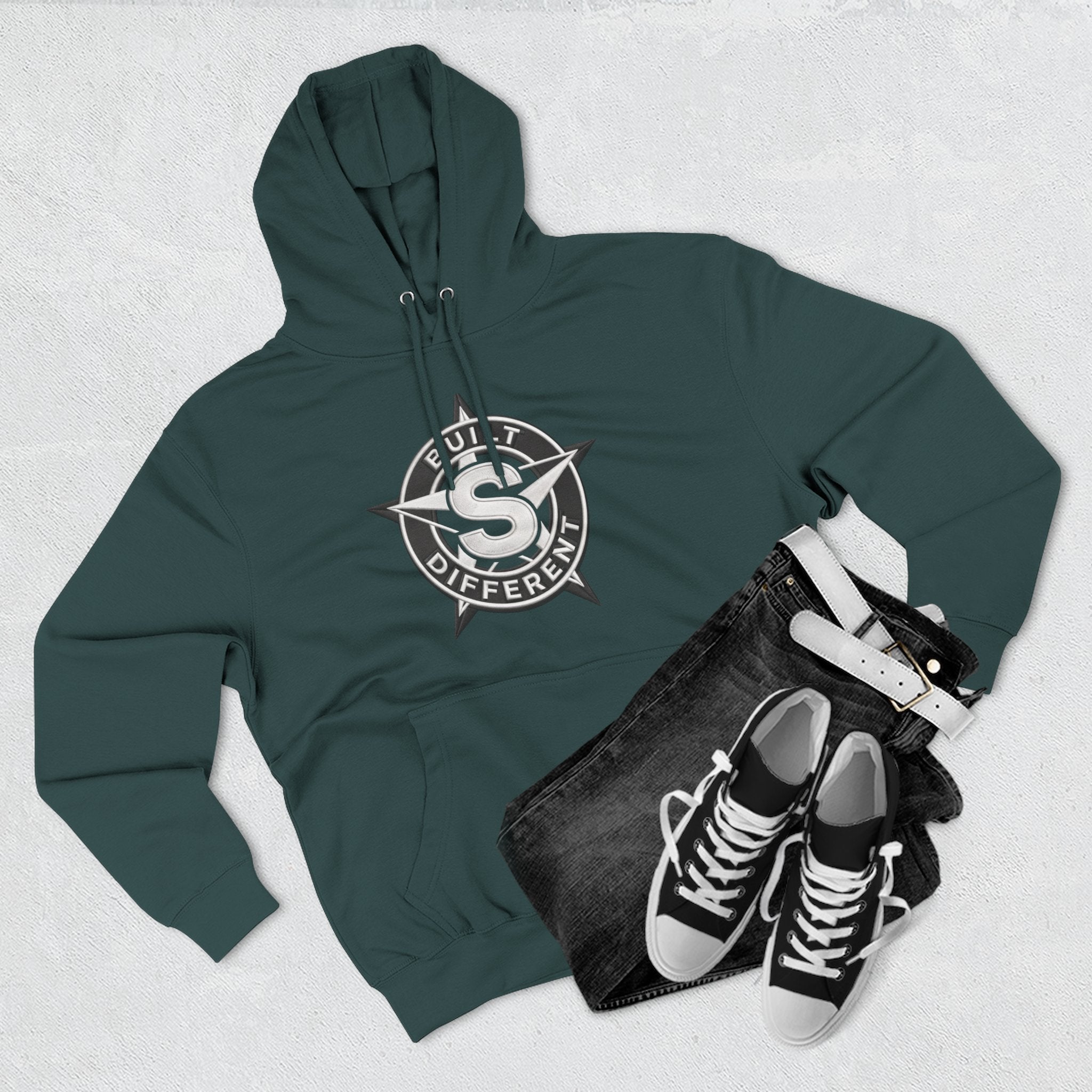 Built Different Logo Hoodie — Vintage Compass Emblem Fleece Hoodie