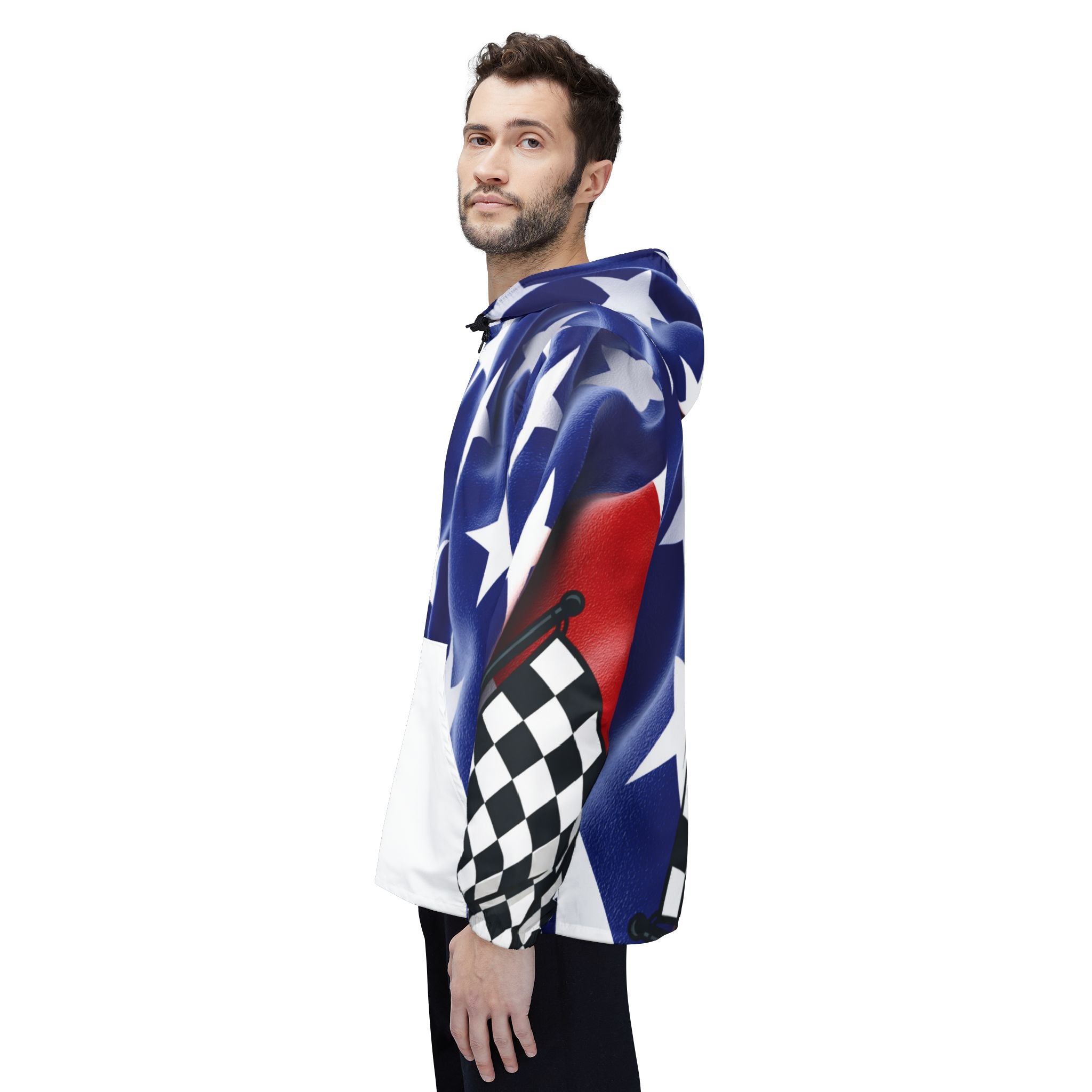 American Flag Checkered Windbreaker Jacket — Built Different Racing Hooded Shell
