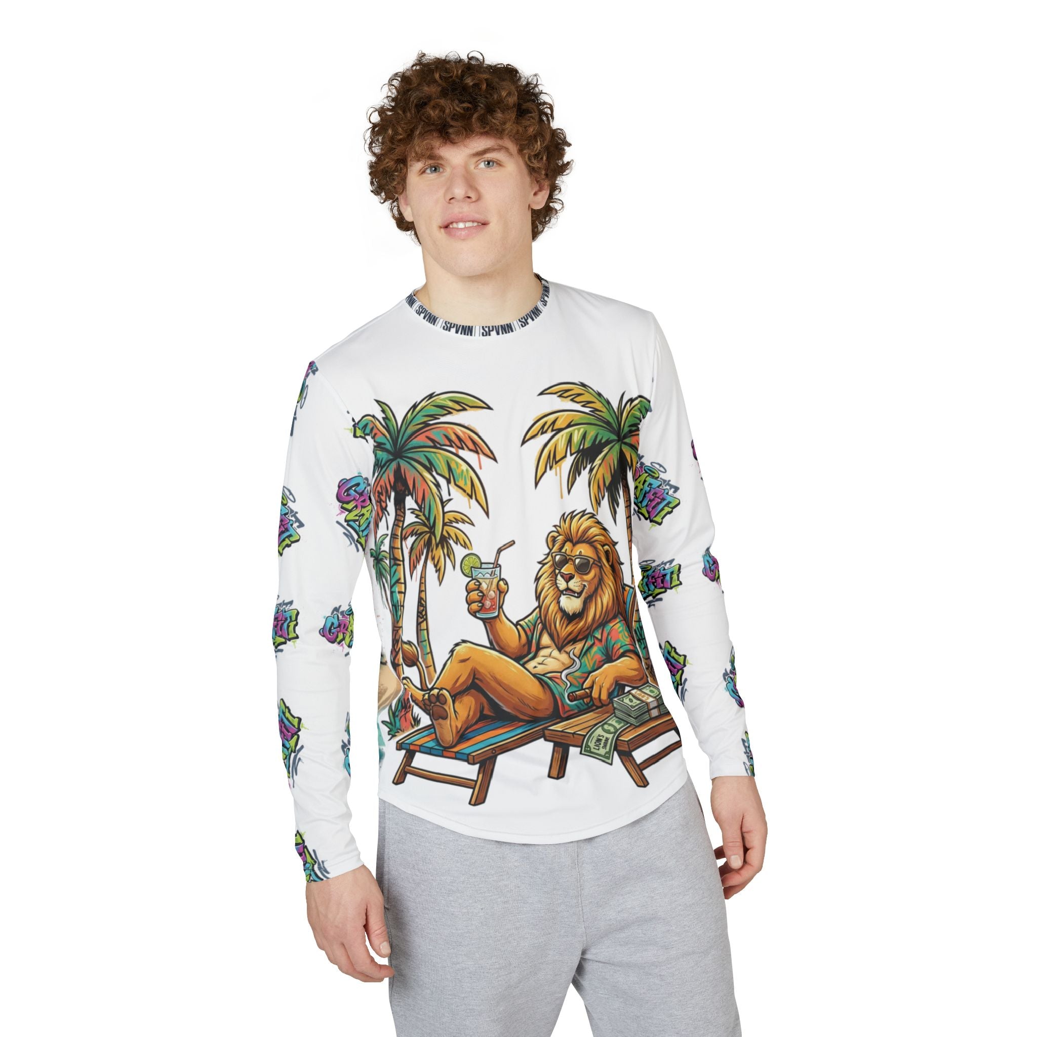 Men's Tropical Lion Long Sleeve UV Shirt — Beach Palm Sunset Print
