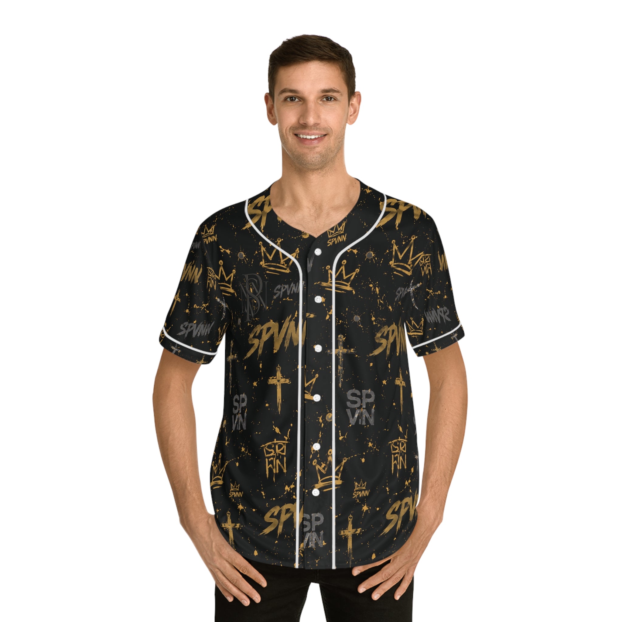 Built Different Baseball Jersey — Black & Gold All-Over Print