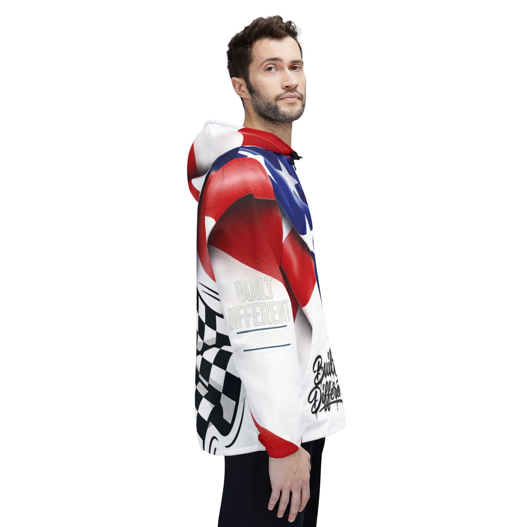 American Flag Checkered Windbreaker Jacket — Built Different Racing Hooded Shell