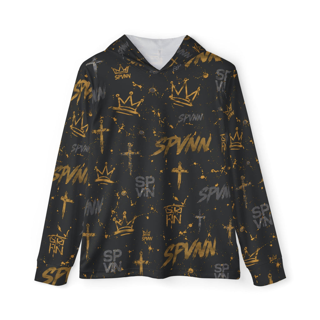 Men's All-Over Print Streetwear Hoodie — Gold Crown & Cross Graffiti Design (SPVNN)