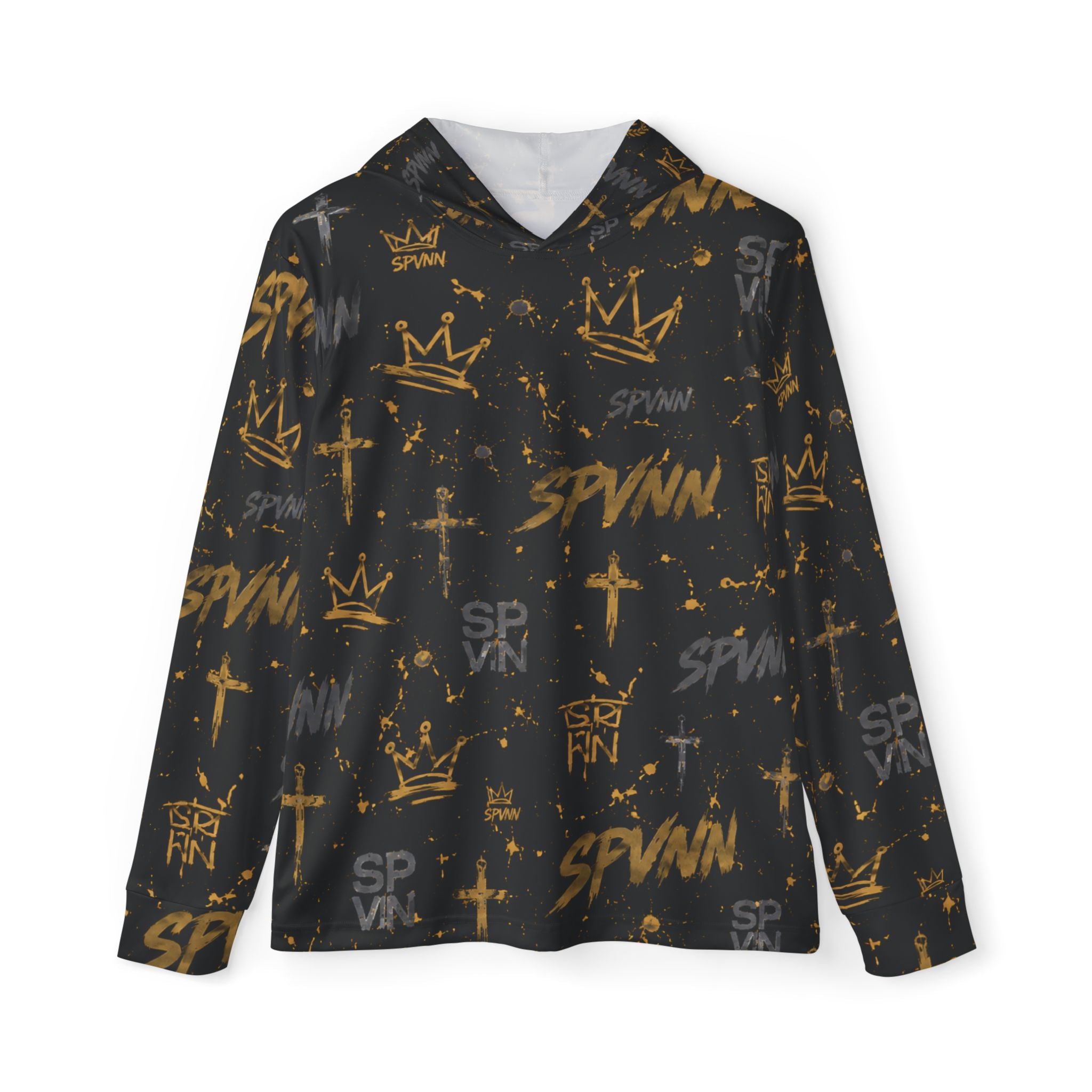 Men's All-Over Print Streetwear Hoodie — Gold Crown & Cross Graffiti Design (SPVNN)