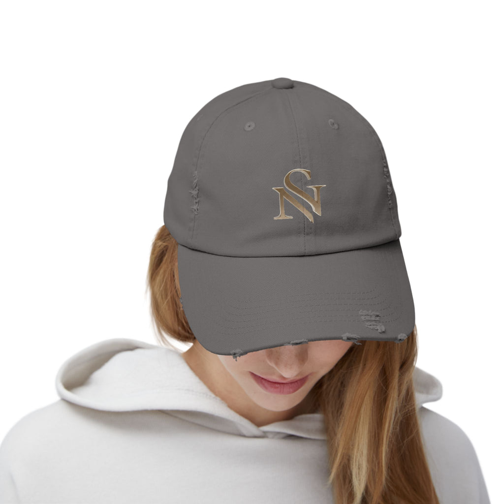 Distressed Black Baseball Cap with Gold 'SN' Monogram — Vintage Casual Hat