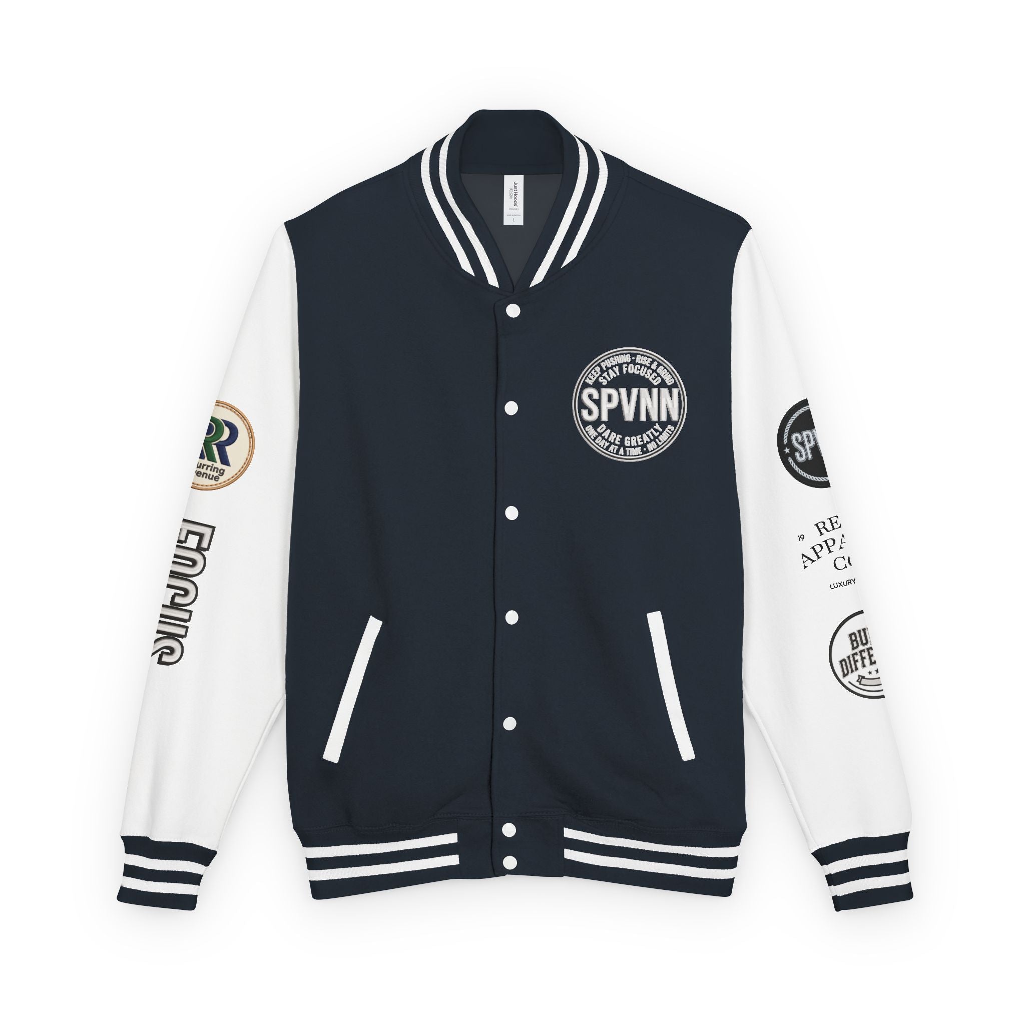 SPVNN Red & White Varsity Letterman Jacket – Embroidered Patch Logo
