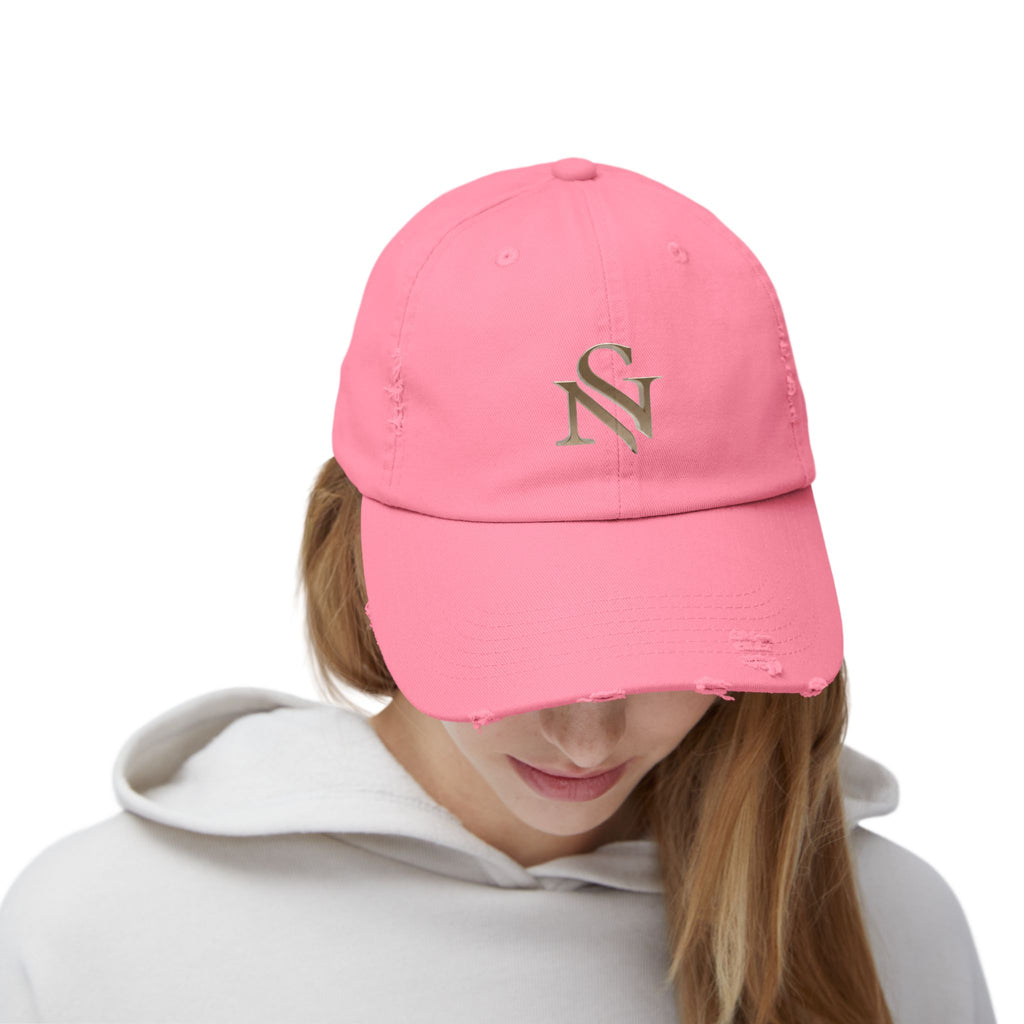 Distressed Black Baseball Cap with Gold 'SN' Monogram — Vintage Casual Hat