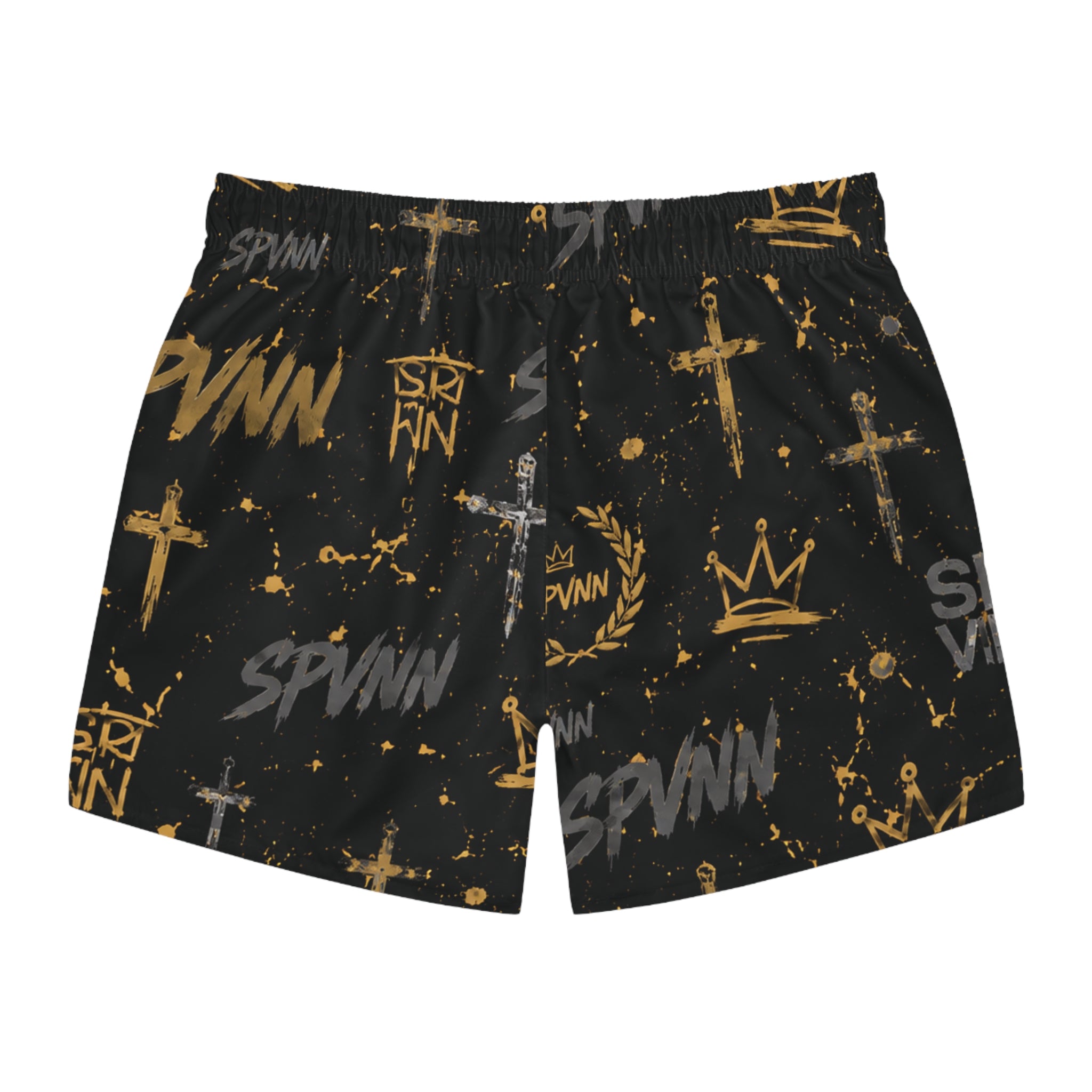 Graphic Swim Trunks — Black & Gold Crown, Sword & 'SPVNN' All-Over Print