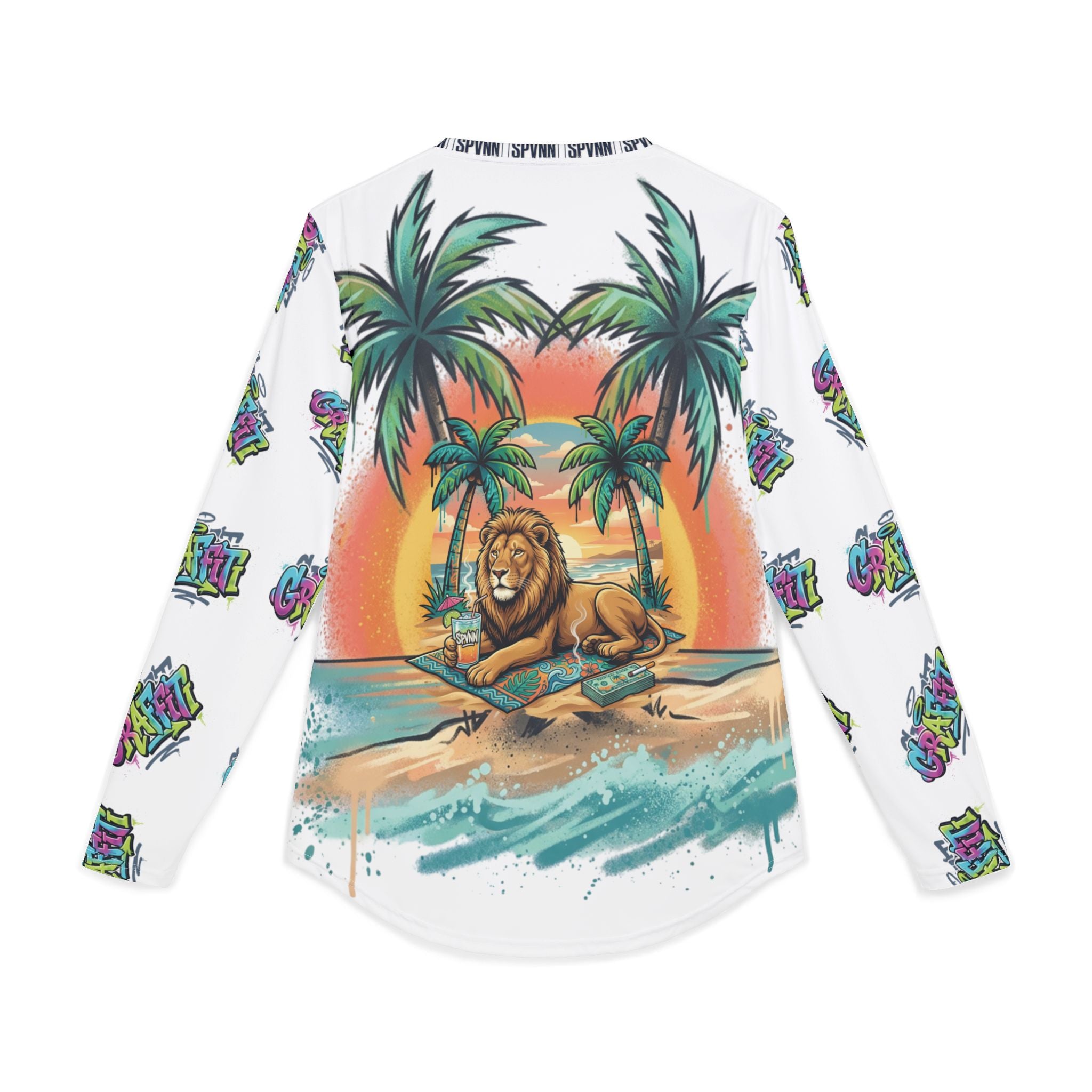 Men's Tropical Lion Long Sleeve UV Shirt — Beach Palm Sunset Print