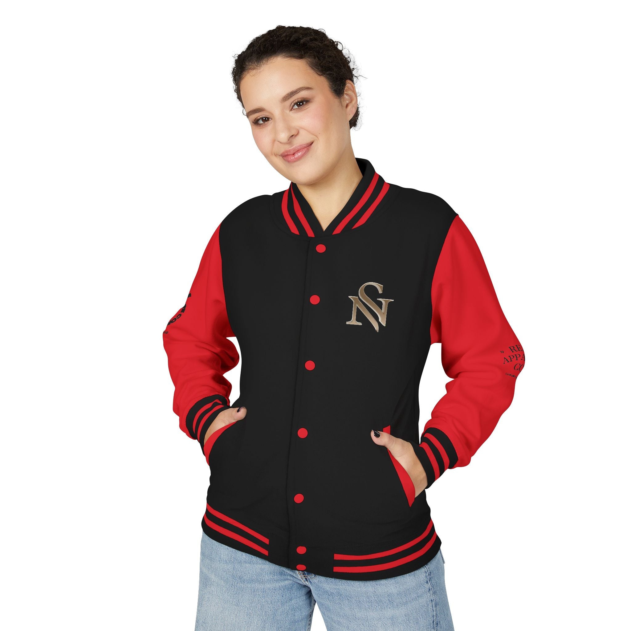 SPVNN Red & White Varsity Letterman Jacket – Embroidered Patch Logo