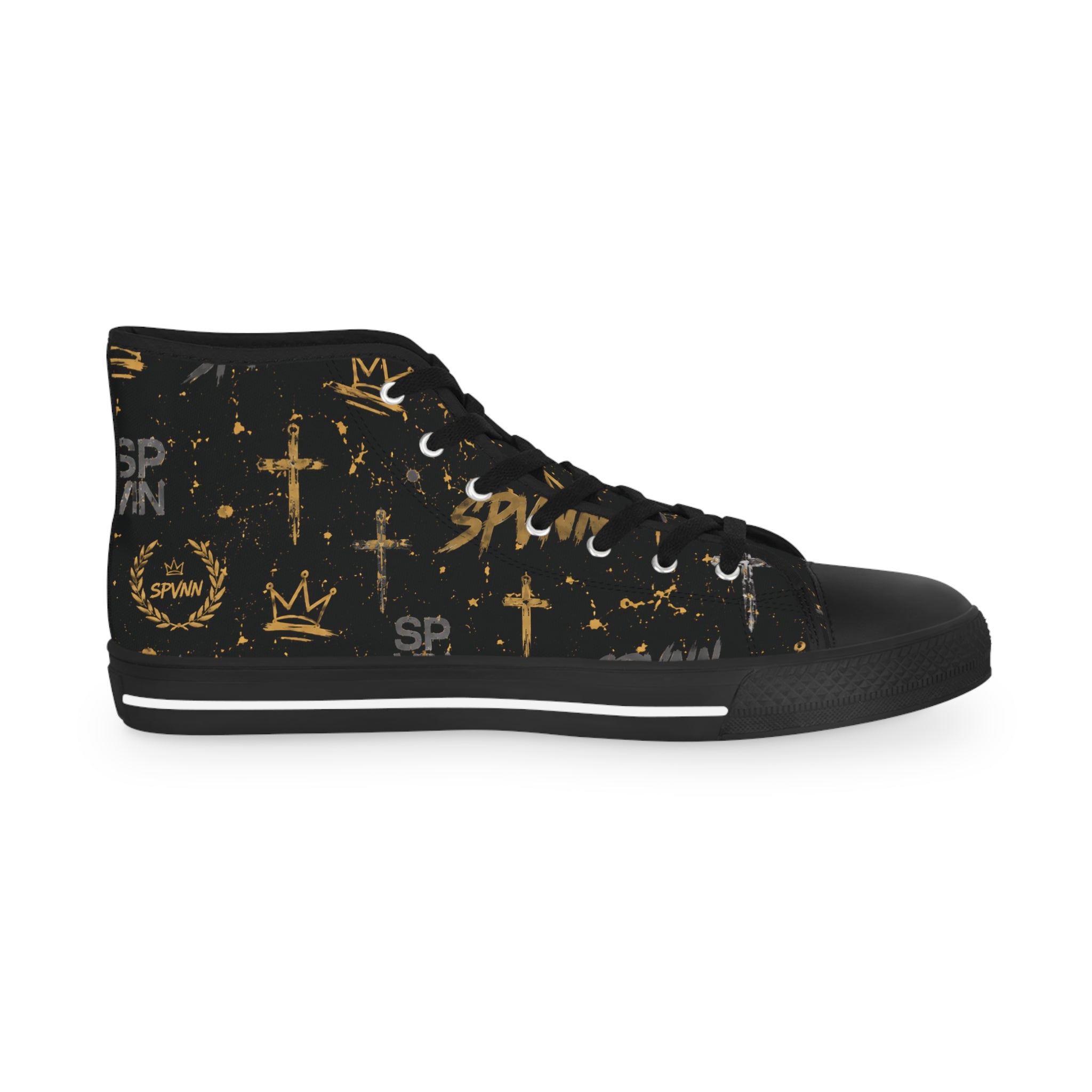 High Top Sneakers — Black & Gold Crown Pattern