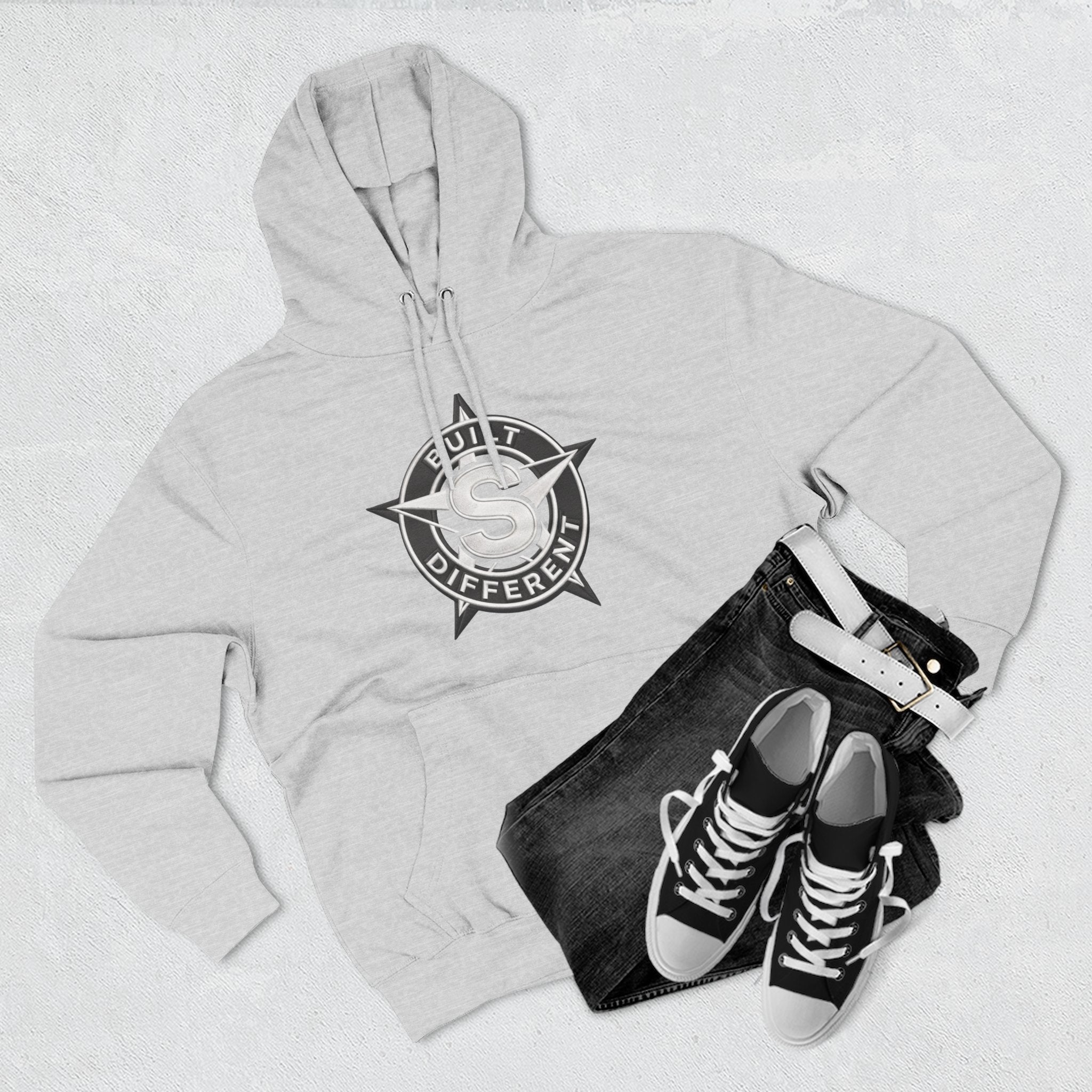Built Different Logo Hoodie — Vintage Compass Emblem Fleece Hoodie