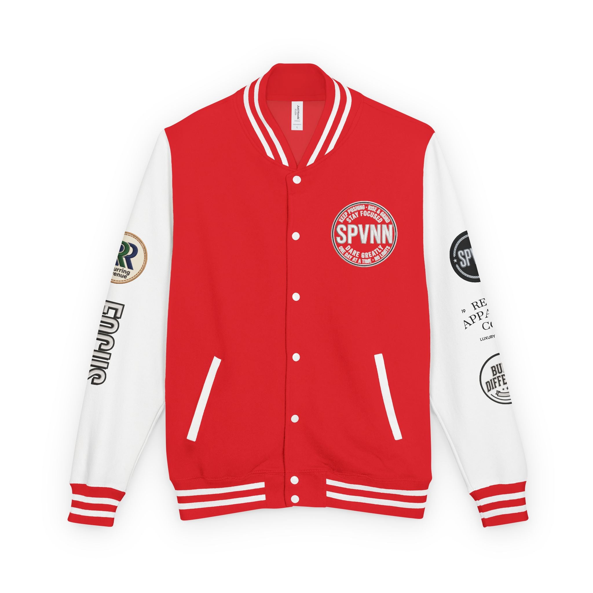 SPVNN Red & White Varsity Letterman Jacket – Embroidered Patch Logo