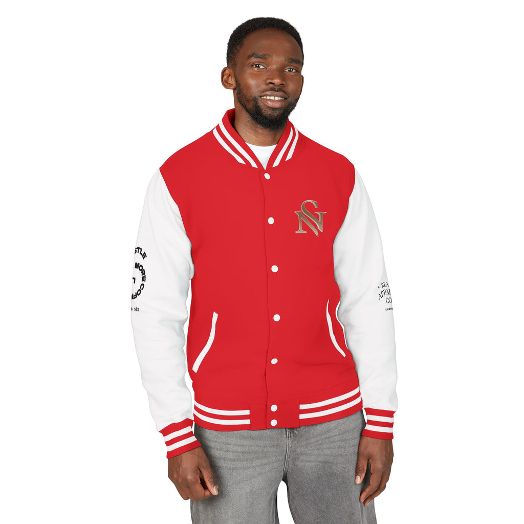 SPVNN Red & White Varsity Letterman Jacket – Embroidered Patch Logo