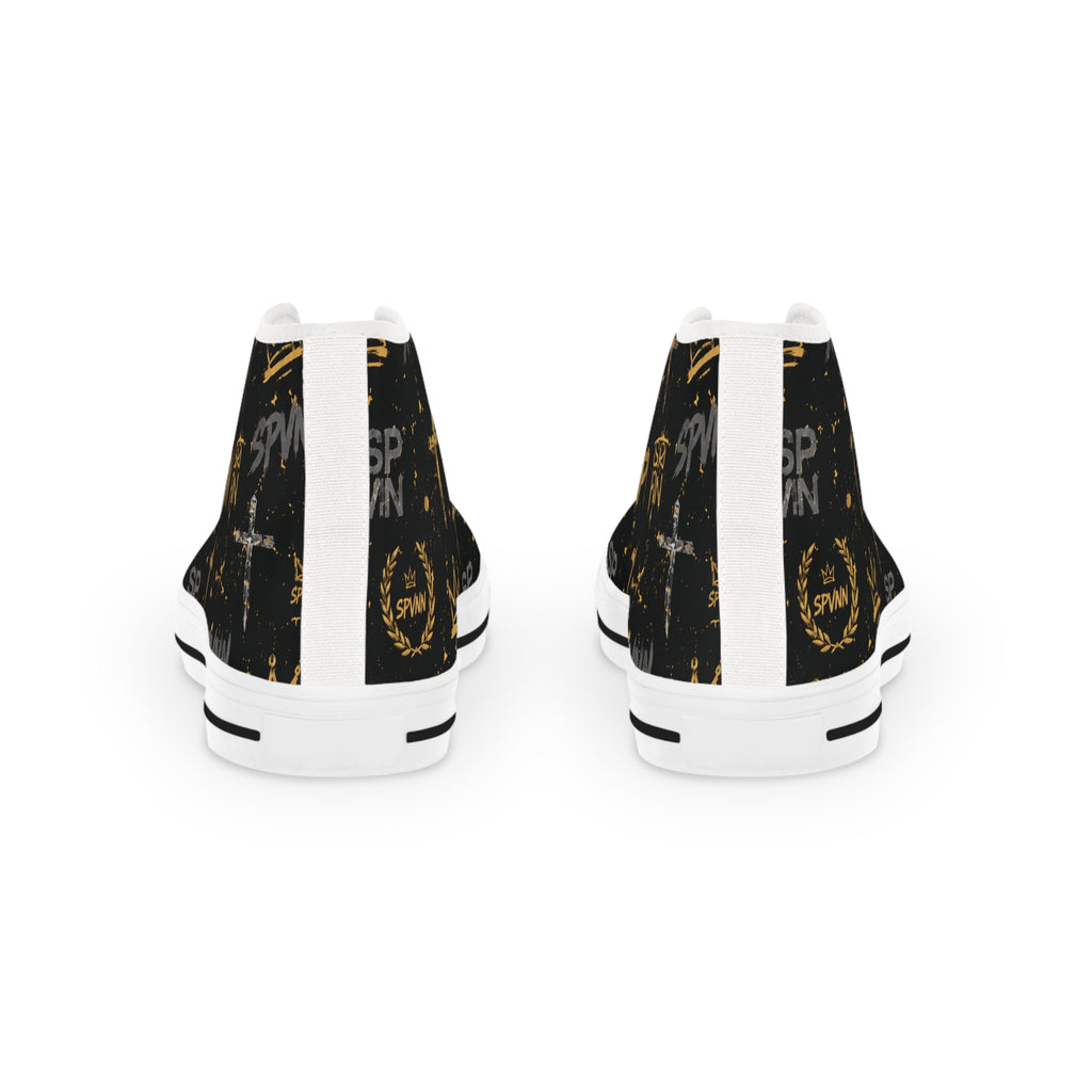 High Top Sneakers — Black & Gold Crown Pattern