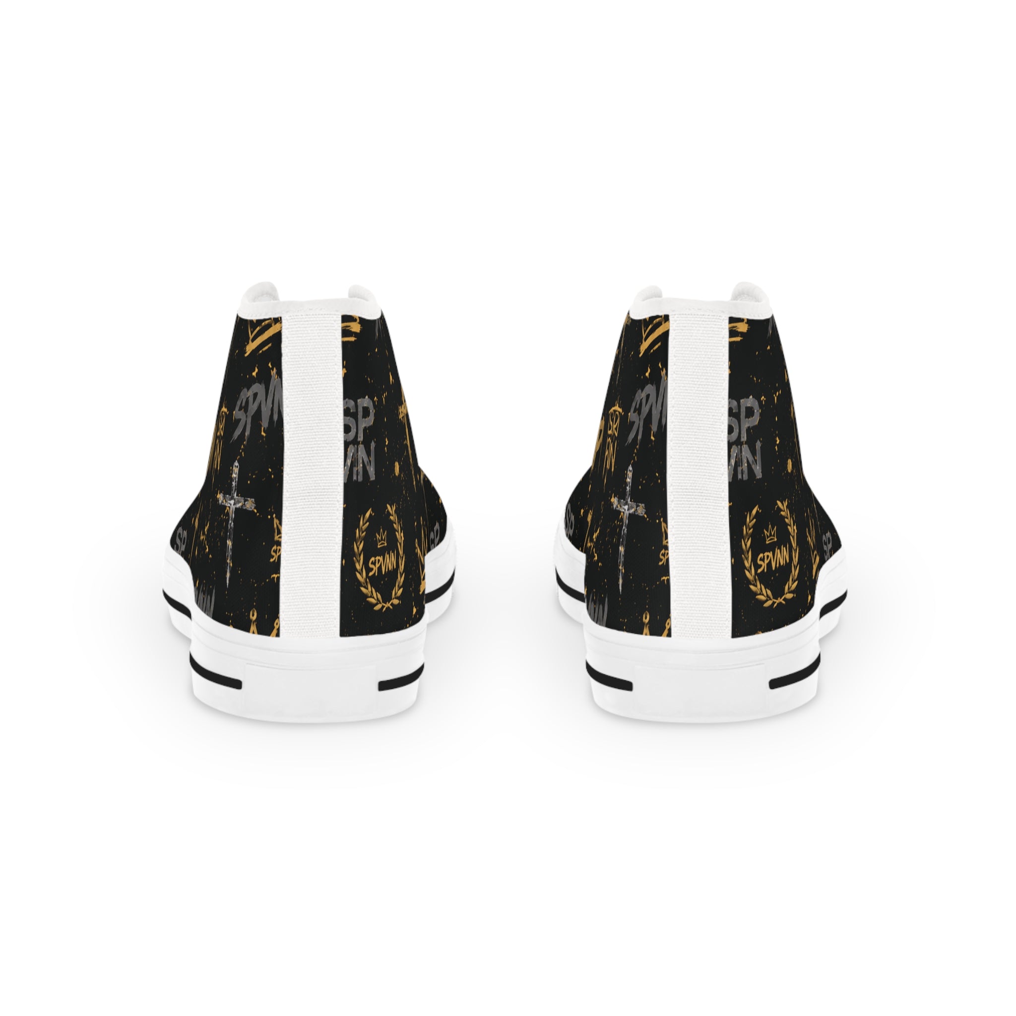 High Top Sneakers — Black & Gold Crown Pattern