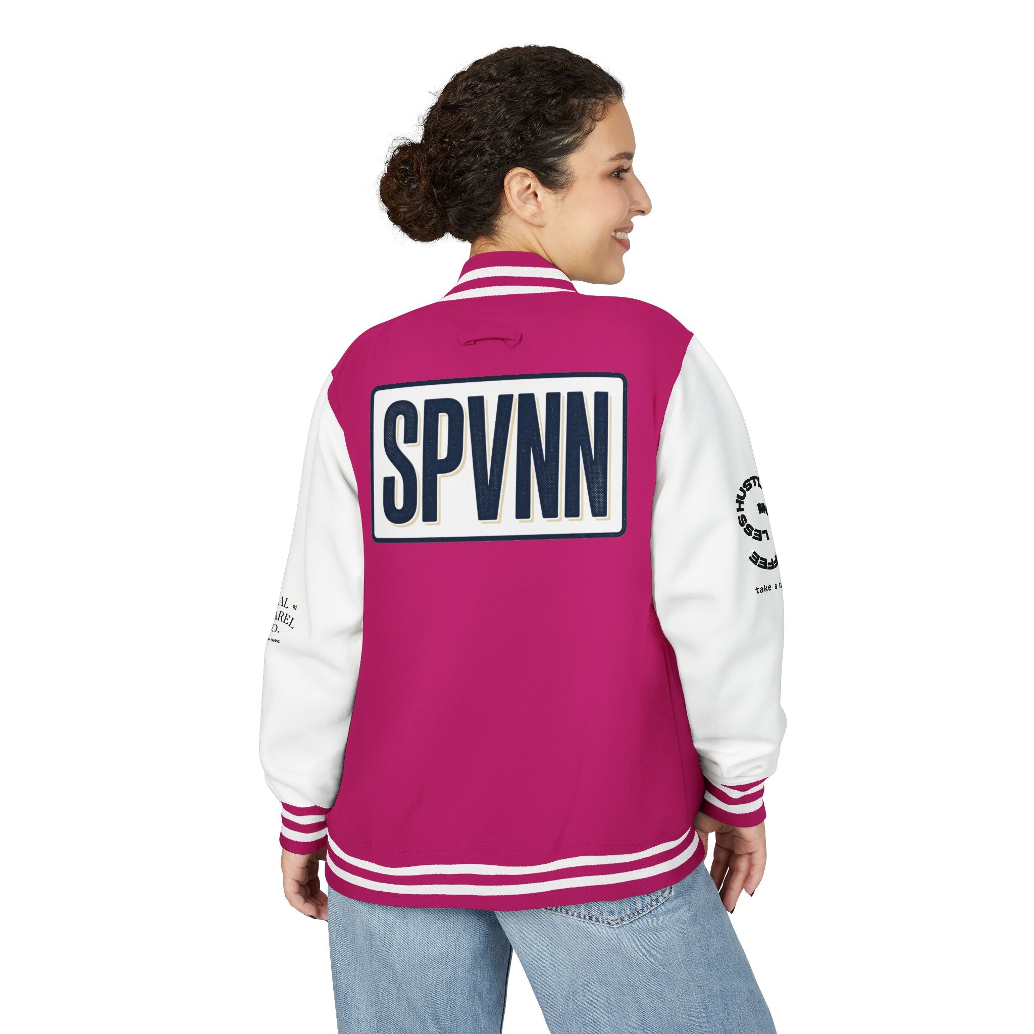 SPVNN Red & White Varsity Letterman Jacket – Embroidered Patch Logo