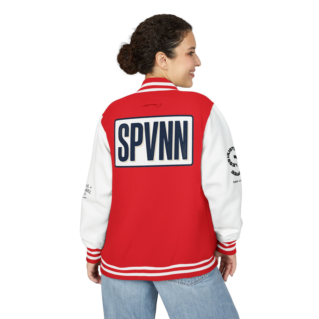 SPVNN Red & White Varsity Letterman Jacket – Embroidered Patch Logo