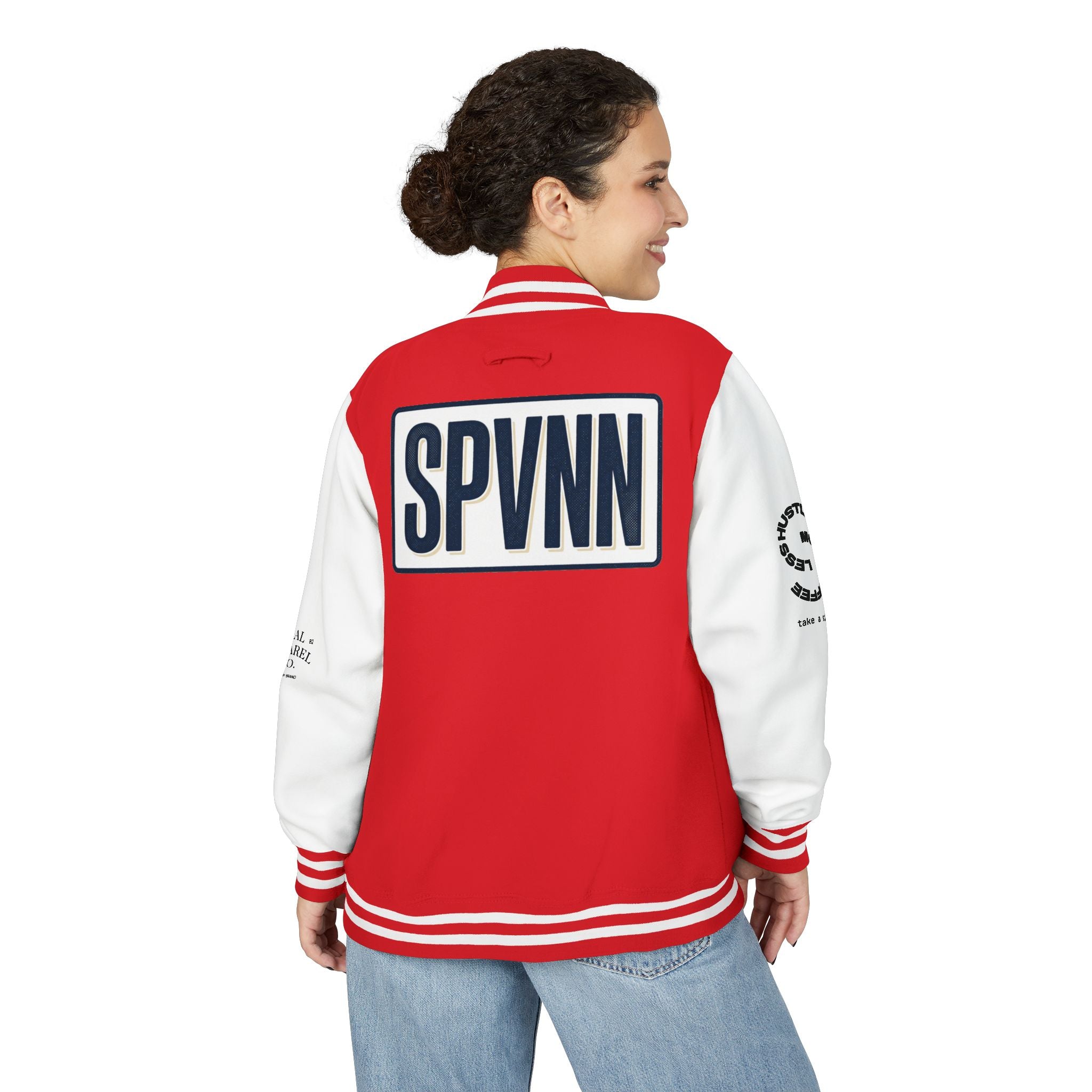 SPVNN Red & White Varsity Letterman Jacket – Embroidered Patch Logo
